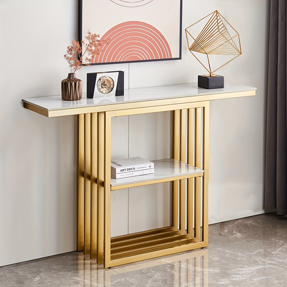 47.24 in Modern Console Table with Storage Space, Sintered Stone Entryway Table, Accent Table Sofa Table with Metal Base, Narrow Table Foyer Table for Entrance, Living Room, Hallway