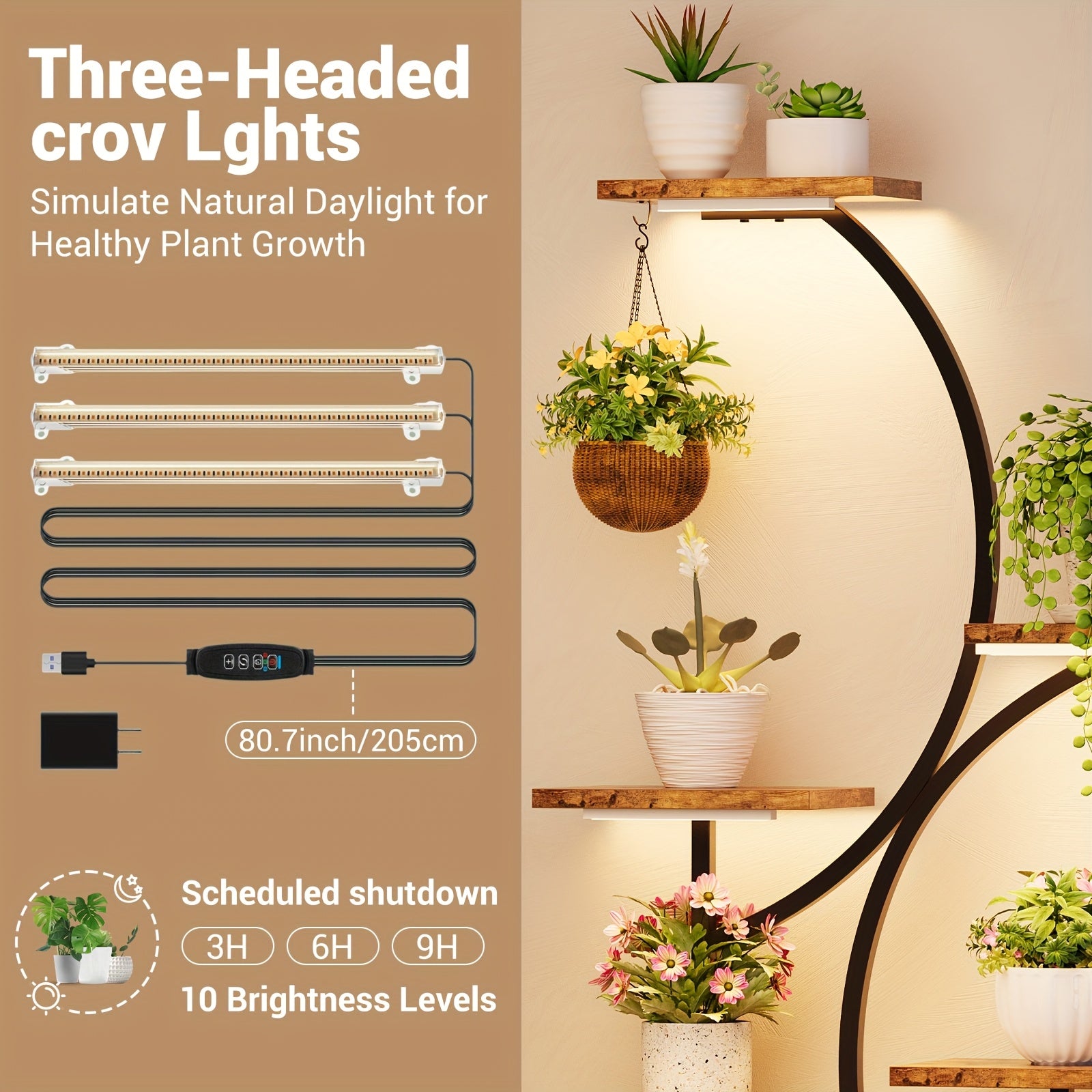 8-Tier Metal Plant Stand with Grow Lights, 62" Tall S-Shaped Indoor Plant Shelf, Multi-Level Display for Living Room Decor, Classic Brown Black Finish, Grow Light Stand | Classic Sshaped Design | Wooden Shelf Finish, Artifici