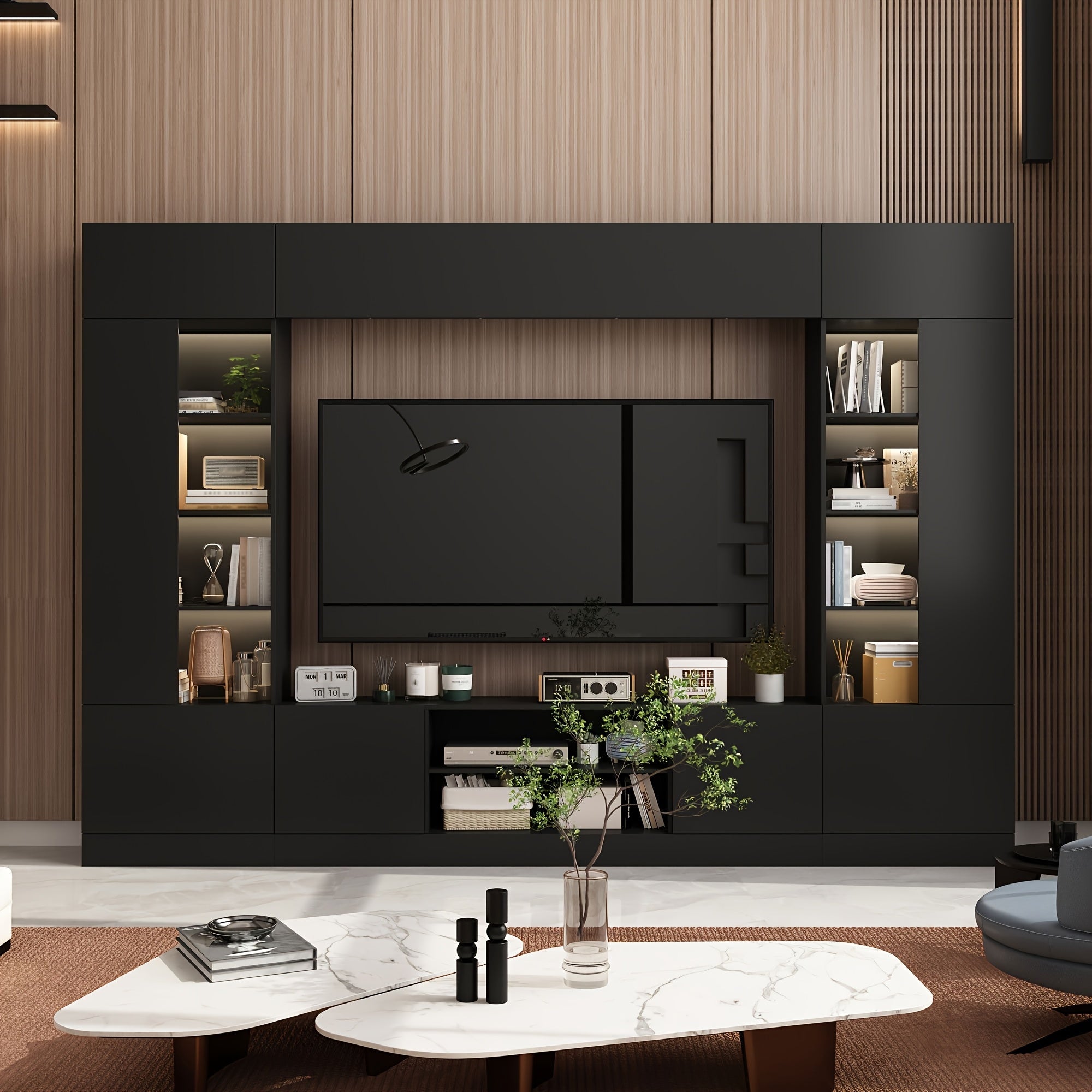 Minimalism Wall Unit TV Stand with Bookshelves for TVs up to 75", Entertainment Center Media Console Table with LED Lights, Cord Management & Shelves