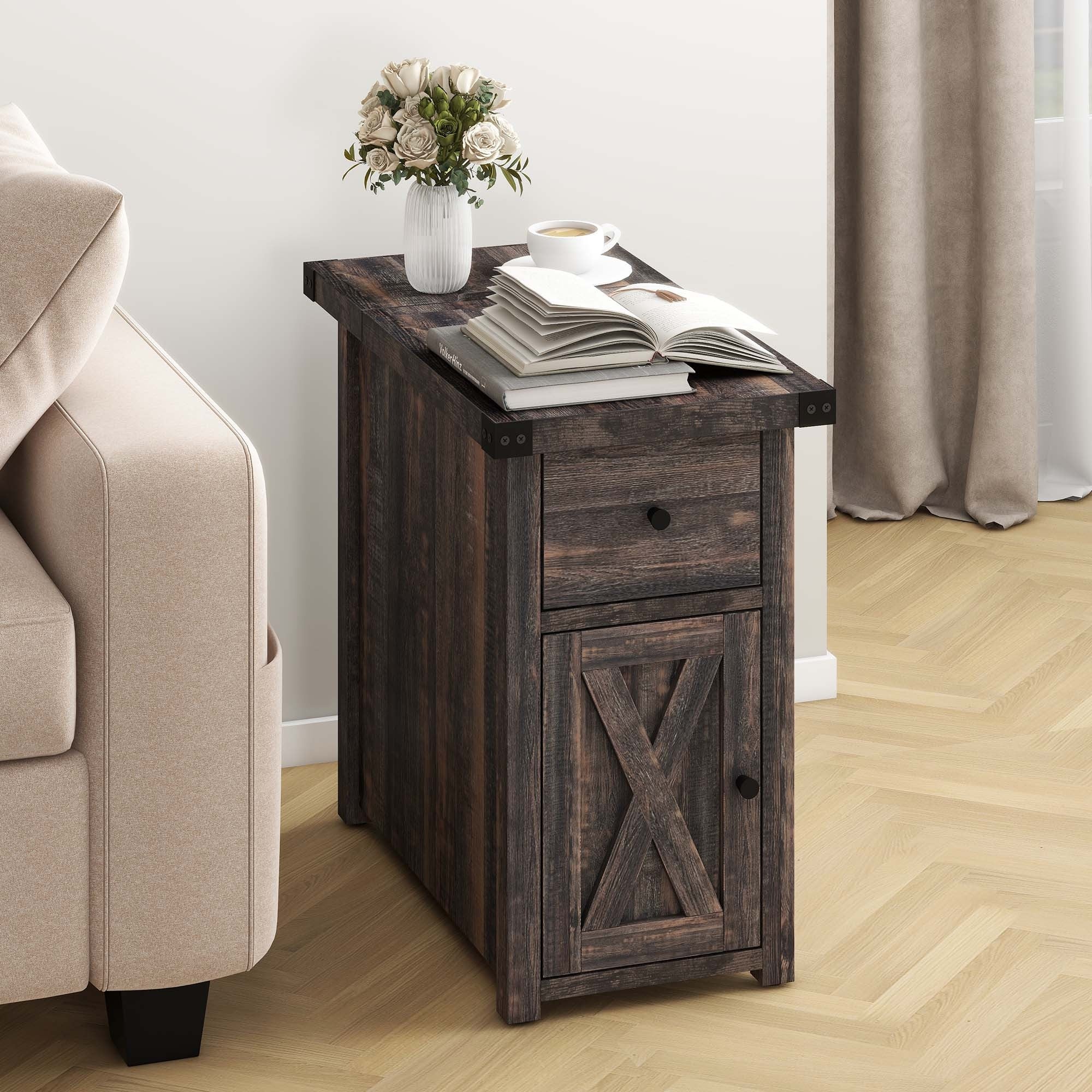 Rustic Farmhouse Charging End Table with Drawer - Space-Saving Nightstand for Bedroom, Contemporary X-Design with USB Ports & Outlets, Perfect Holiday Gift