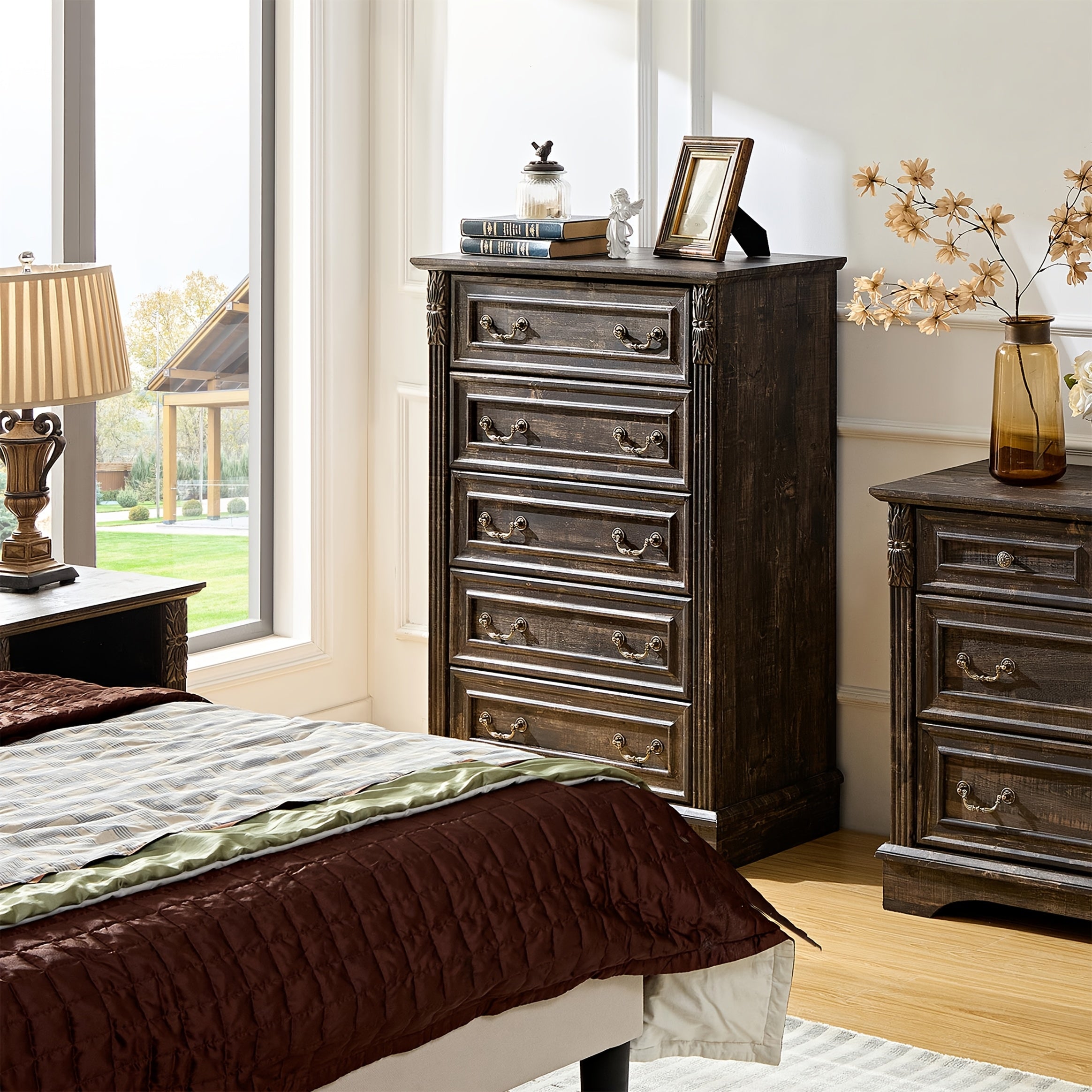 Rustic Oak Farmhouse Dresser with 5 Drawers - Tall Wooden Vanity for Bedroom, Carved Pilasters, Ideal for Closet & Hallway Storage