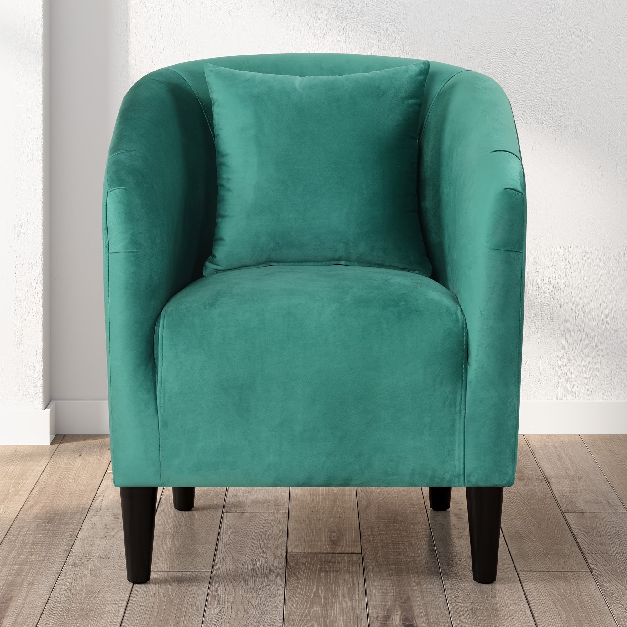 Green Velvet Barrel Chair with Pillow - Comfy Armchair with Wood Legs, Ideal for Living Room and Bedroom, Accent Chair