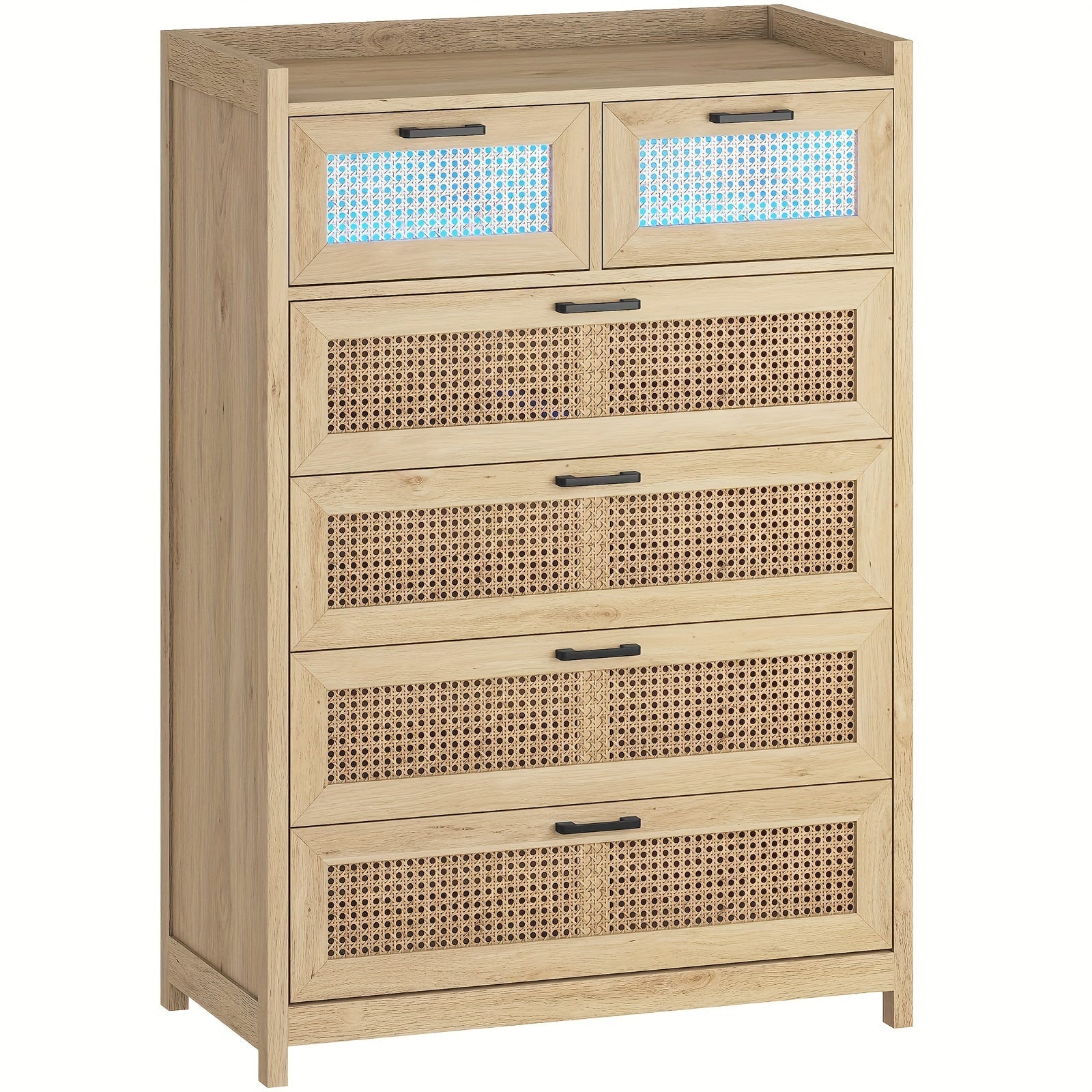 6 Drawer Dresser for Bedroom Natural Rattan Dressers with LED Light Tall Dressers Morden Chests of Drawers Dresser