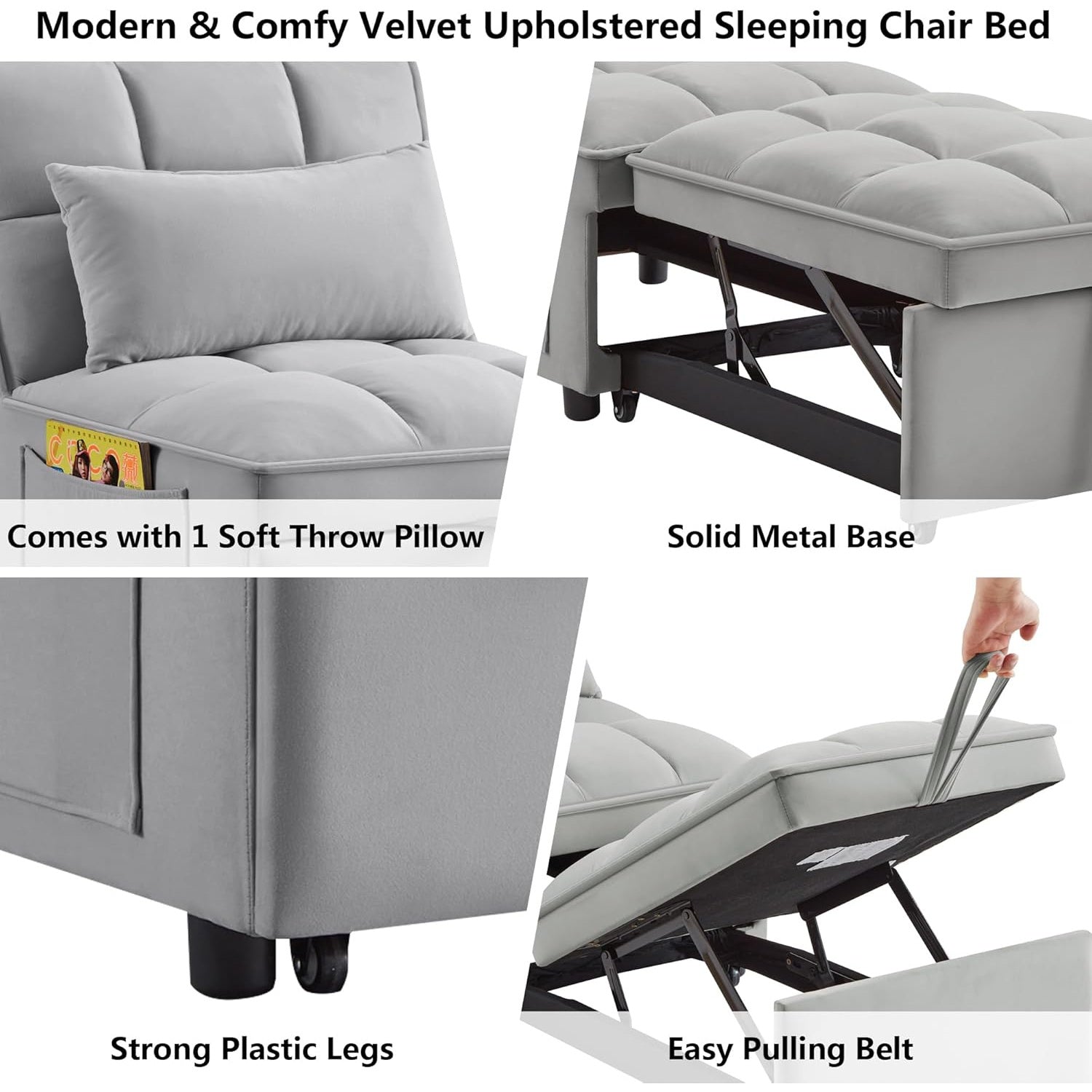 Velvet Convertible Chair Bed - Tufted Single Sofa Couch with Pull-Out Recliner, Lumbar Support Throw Pillow & Side Pockets for Apartments, RVs & Small Spaces - Available in 4 Colors