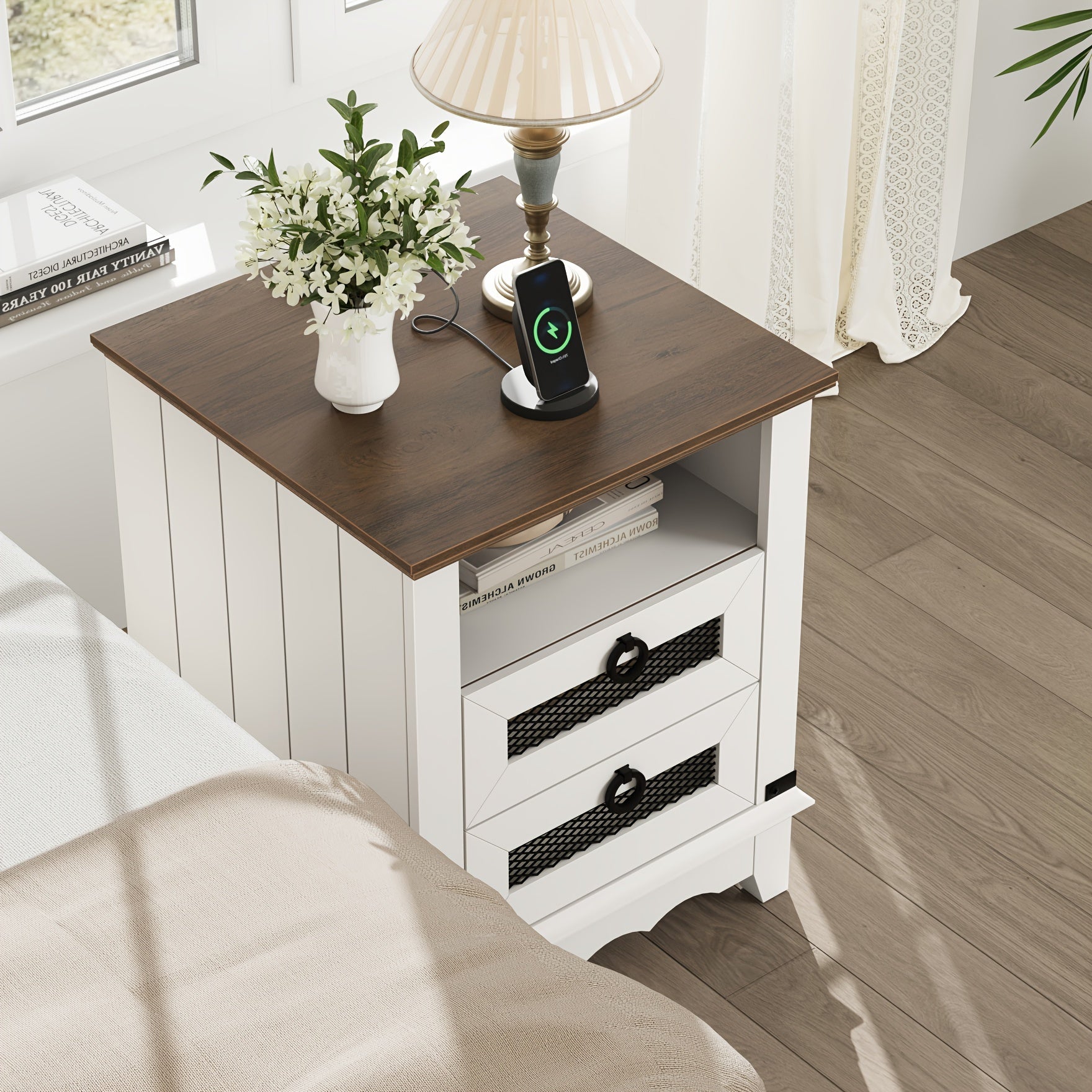 Farmhouse End Table White Nightstand Wood Sofa Table Square Side Table Nesting Table With 2 Drawers For Bedroom Living Room