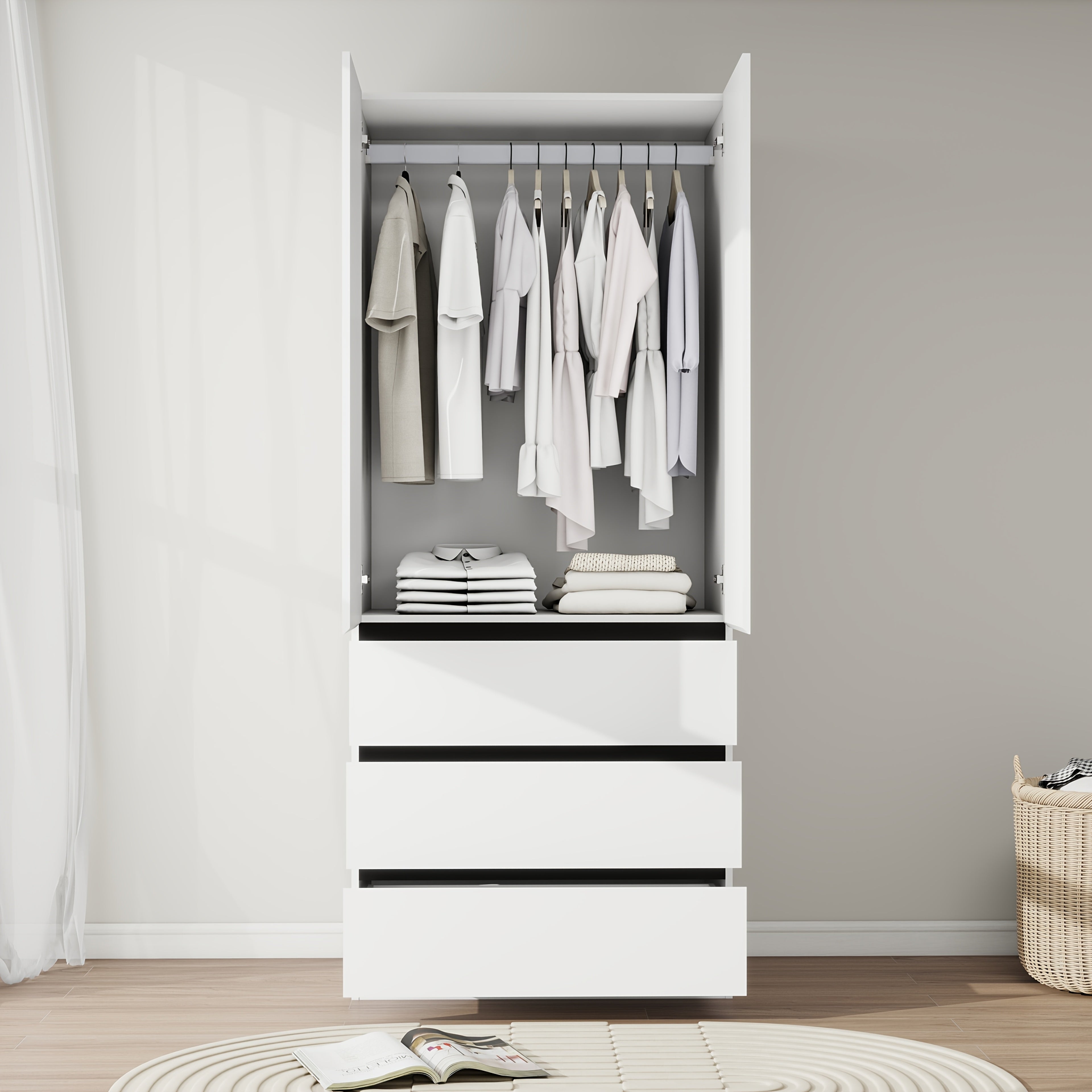 Bedroom Armoire Wardrobe Closet With 3 Drawers, 75" White Wardrobe Closet With 2 Doors, Modern Cabinet For Clothes With Shelves, Wood Closet For Hanging Clothes