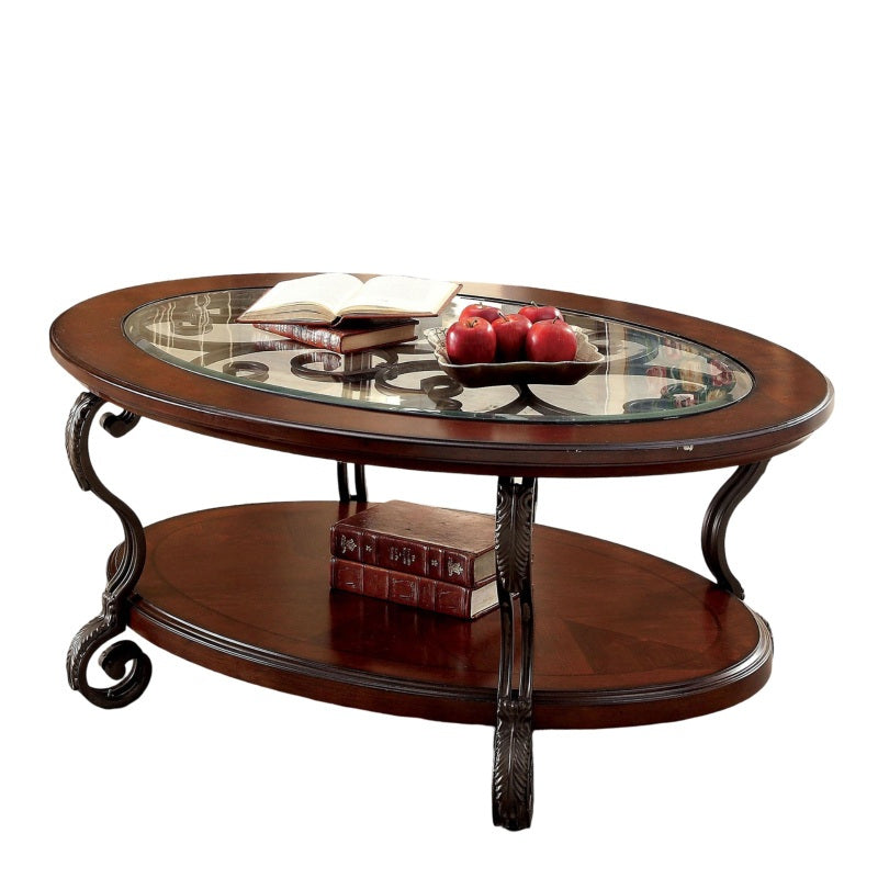 Elegant Brown Cherry Coffee Table with Glass Top and Open Bottom Shelf - Traditional Style Living Room Furniture
