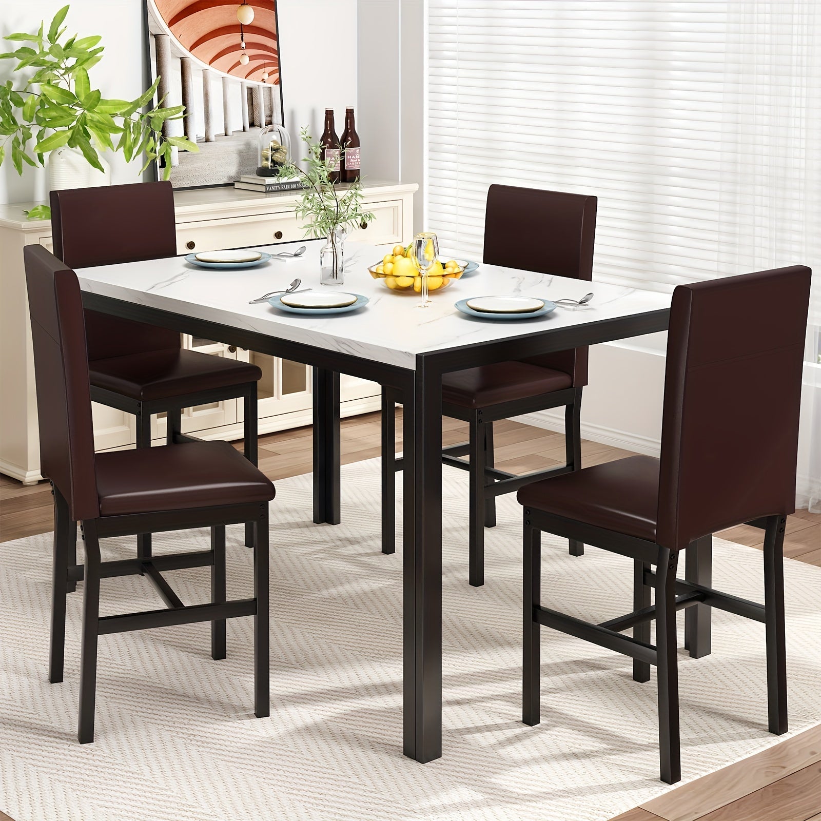 Modern Minimalist Style 5-Piece Dining Room Table Set with Faux Marble Tabletop, 4-Person Counter Height Dining Table Set with PU Leather Upholstered Chairs and Sturdy Metal Frame, Space Saving Design Bar Table Set for Living