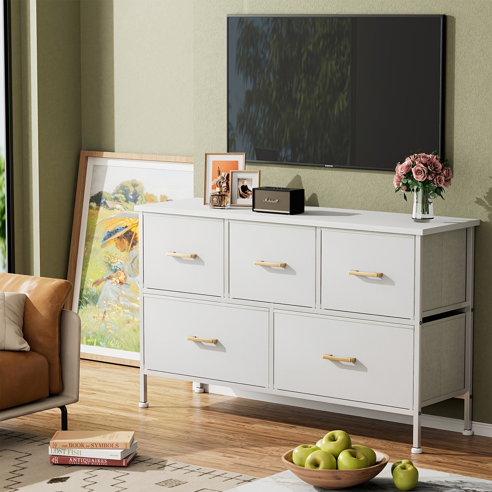 5/8/9 Drawers Dresser For Bedroom White Dresser With Fabric Drawers Chest Of Drawers With PU Finish Metal Handle