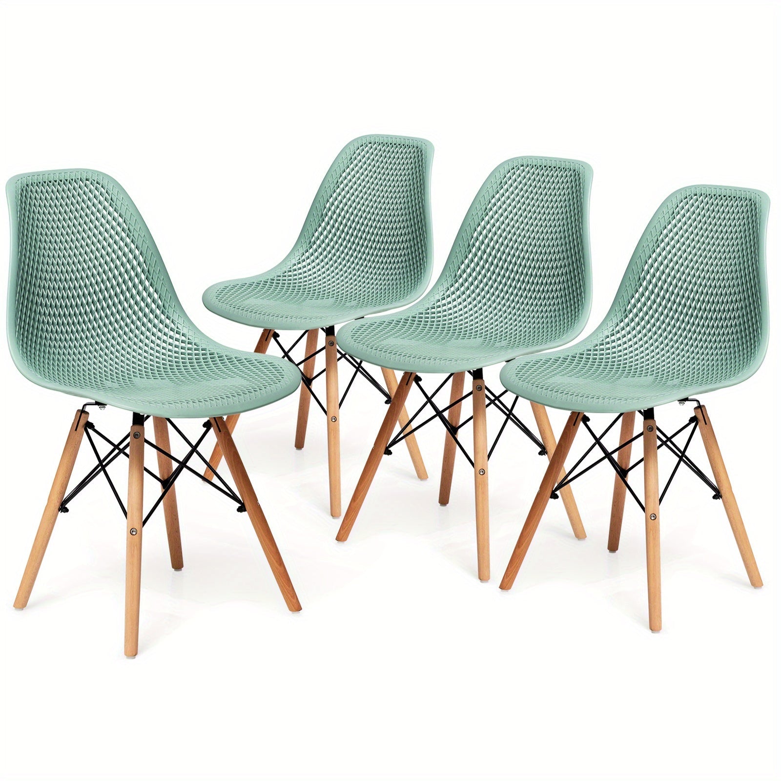 Set of 4 Ergonomic Mid Century Modern Chairs, Contemporary Hollow Out Design, Wood-Legged Plastic Seats, No Assembly Required, Upholstered with, Hardwood Material, Ideal for Hard Floors - Green