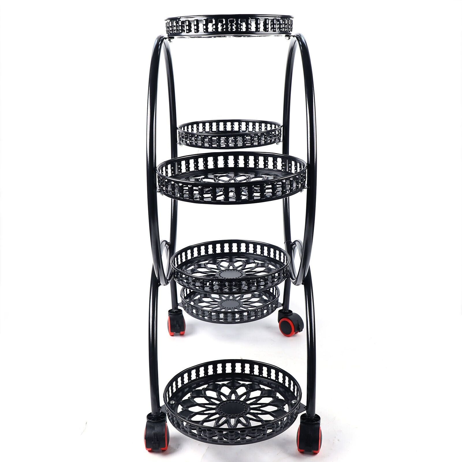 Modern 6-Tier Iron Plant Stand with Wheels - Indoor/Outdoor Flower Pot Rack Display Shelf, Black