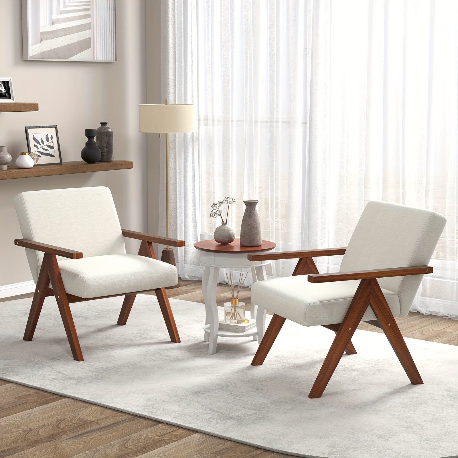 2pcs Modern Accent Chair Linen Fabric Armchairs, W/ Solid Acacia Wooden Frame Beige Chairs