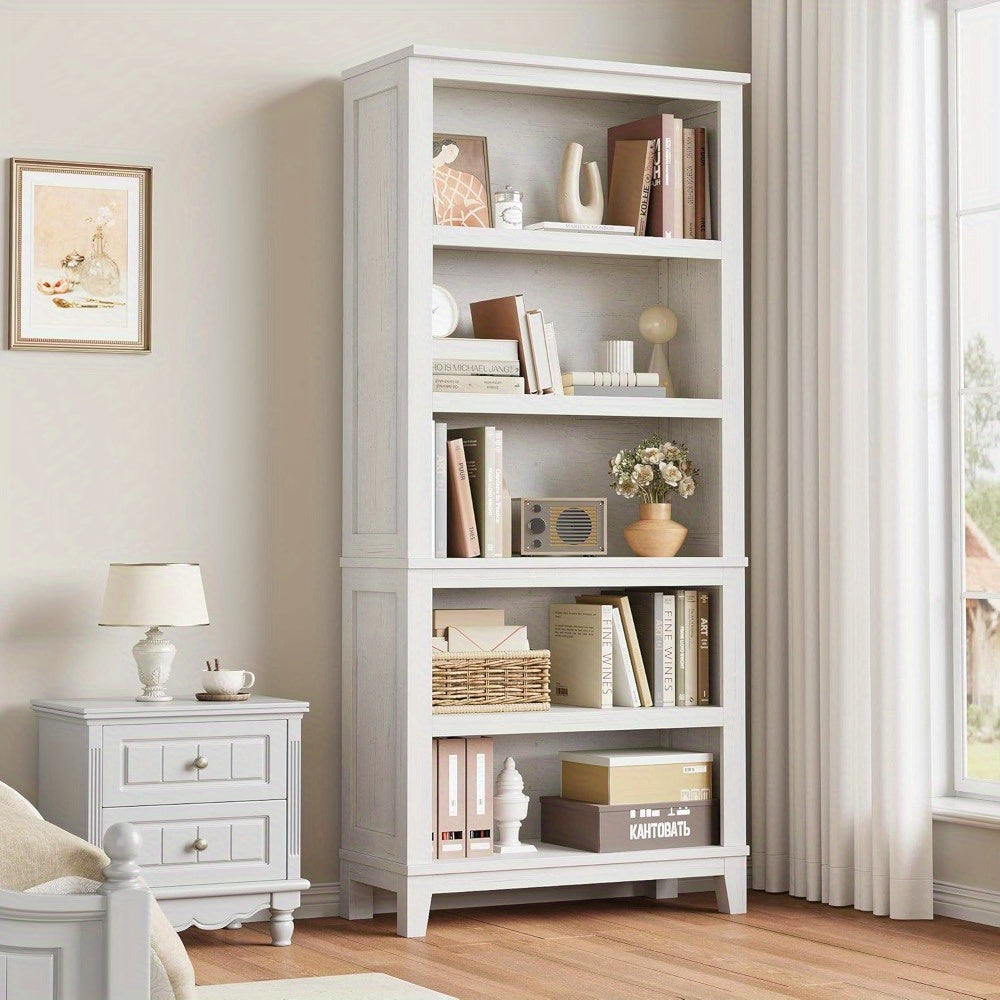 Rustic Farmhouse Wooden Bookcase 5-Tier Storage Bookshelf Vintage Etagere for Home Office Living Room Bedroom - White