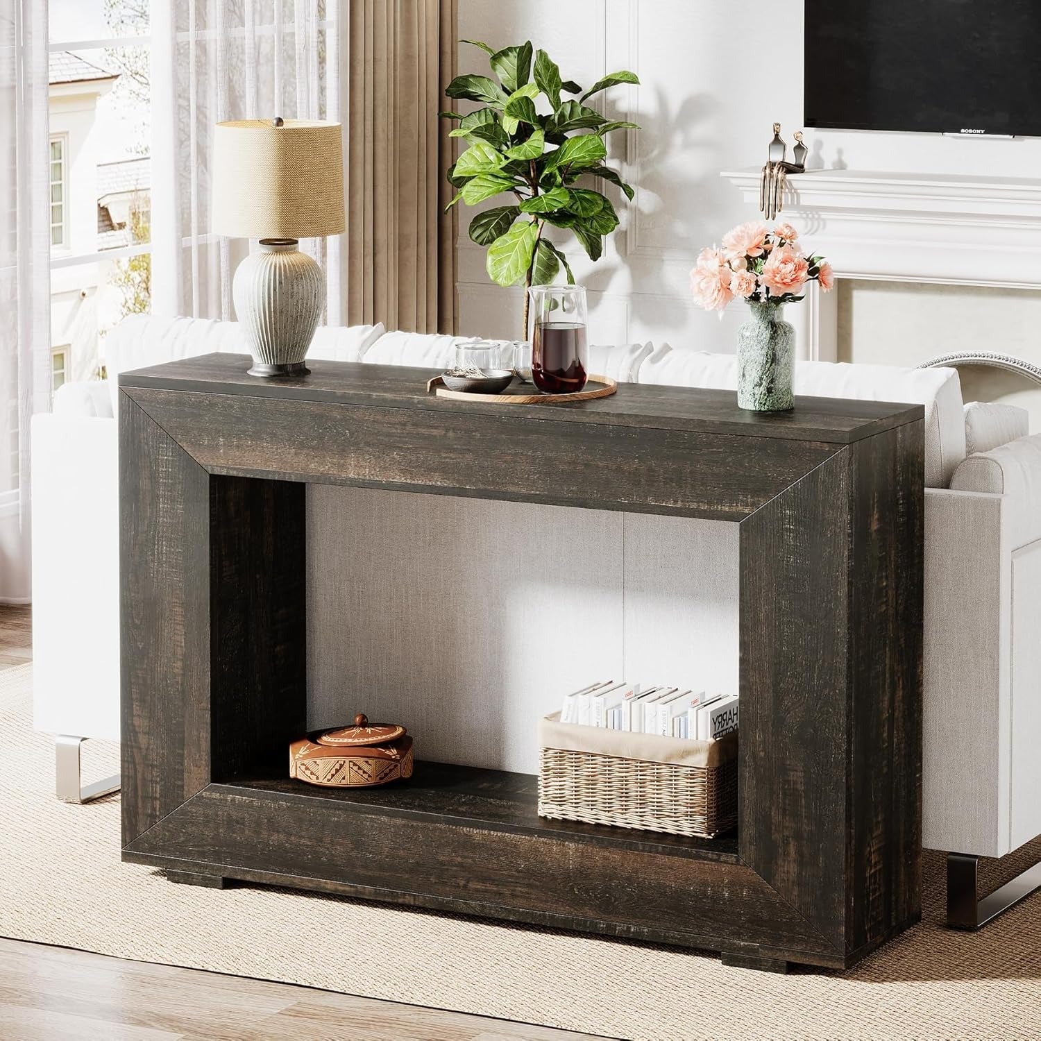 Elegant 47" Black Wooden Console Table with Storage - Rustic Farmhouse Style, Sleek Design for Entryway, Foyer, Living Room - Ample Space for Decor & Essentials, Table Decor