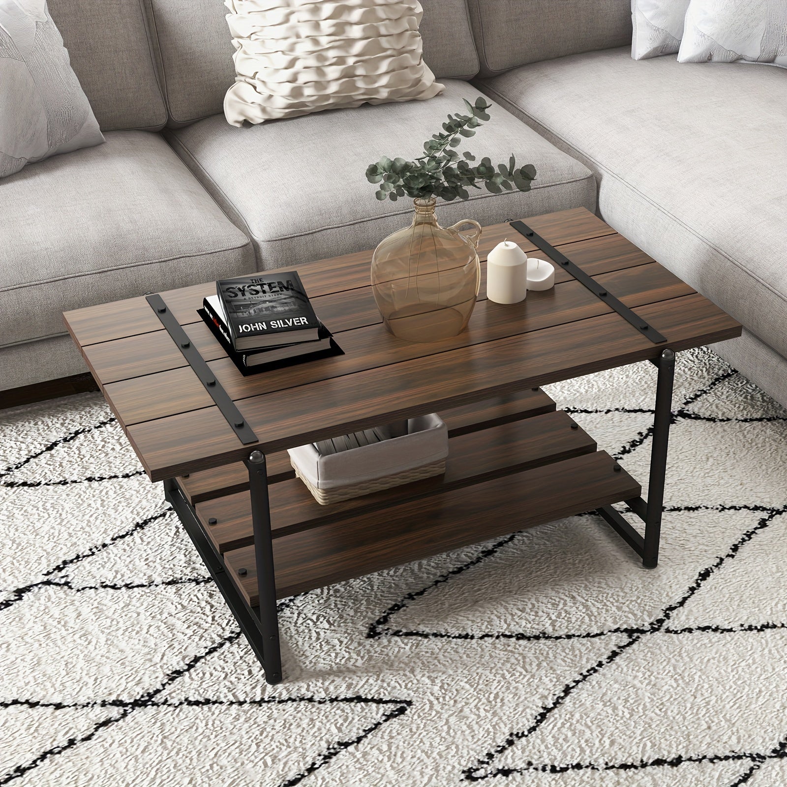 Rustic 2-Tier Wooden Coffee Table with Metal Frame Large Storage Shelves Industrial Design for Living Room or Home