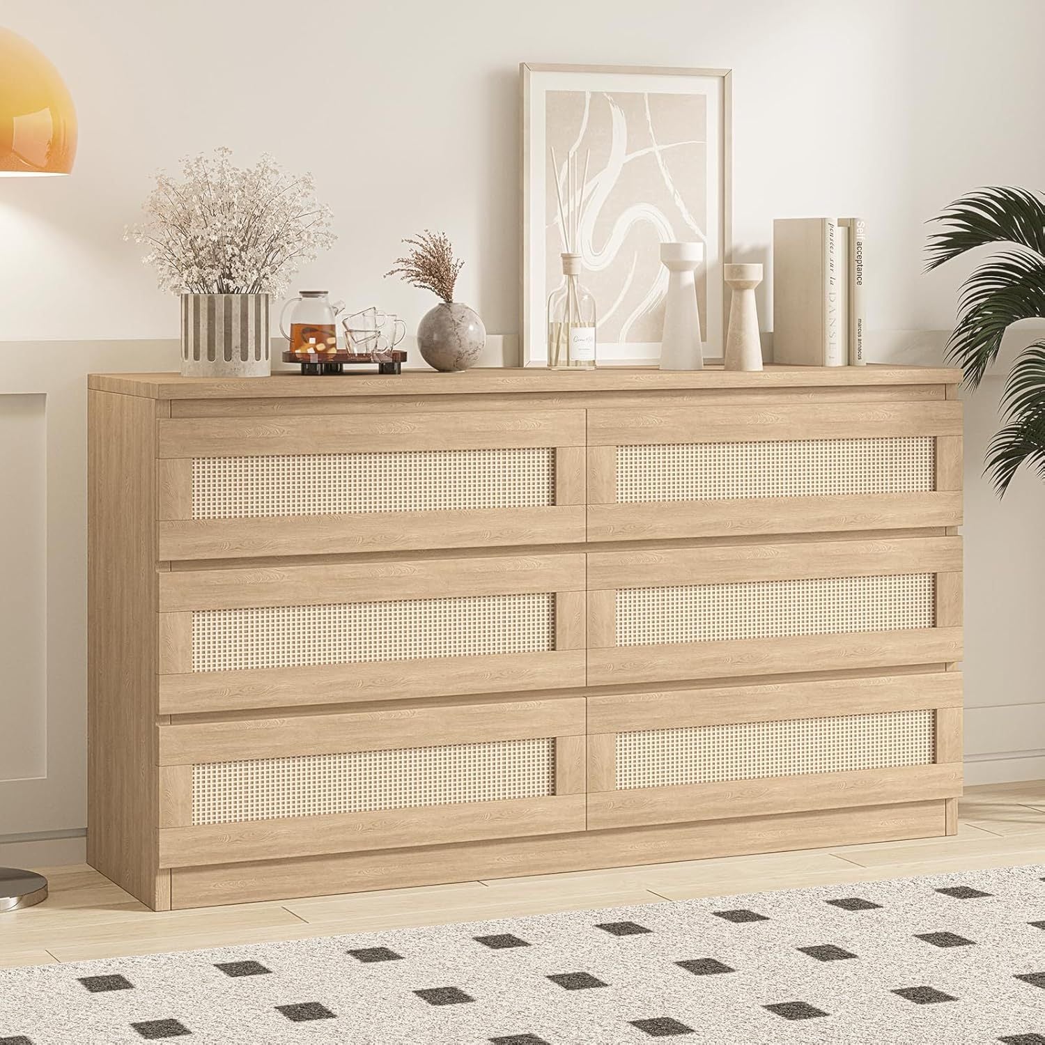 Rattan Dresser for Bedroom 6 Drawer Double Dresser for Bedroom with Smooth Mental Slide Modern Wood Chest of Drawers