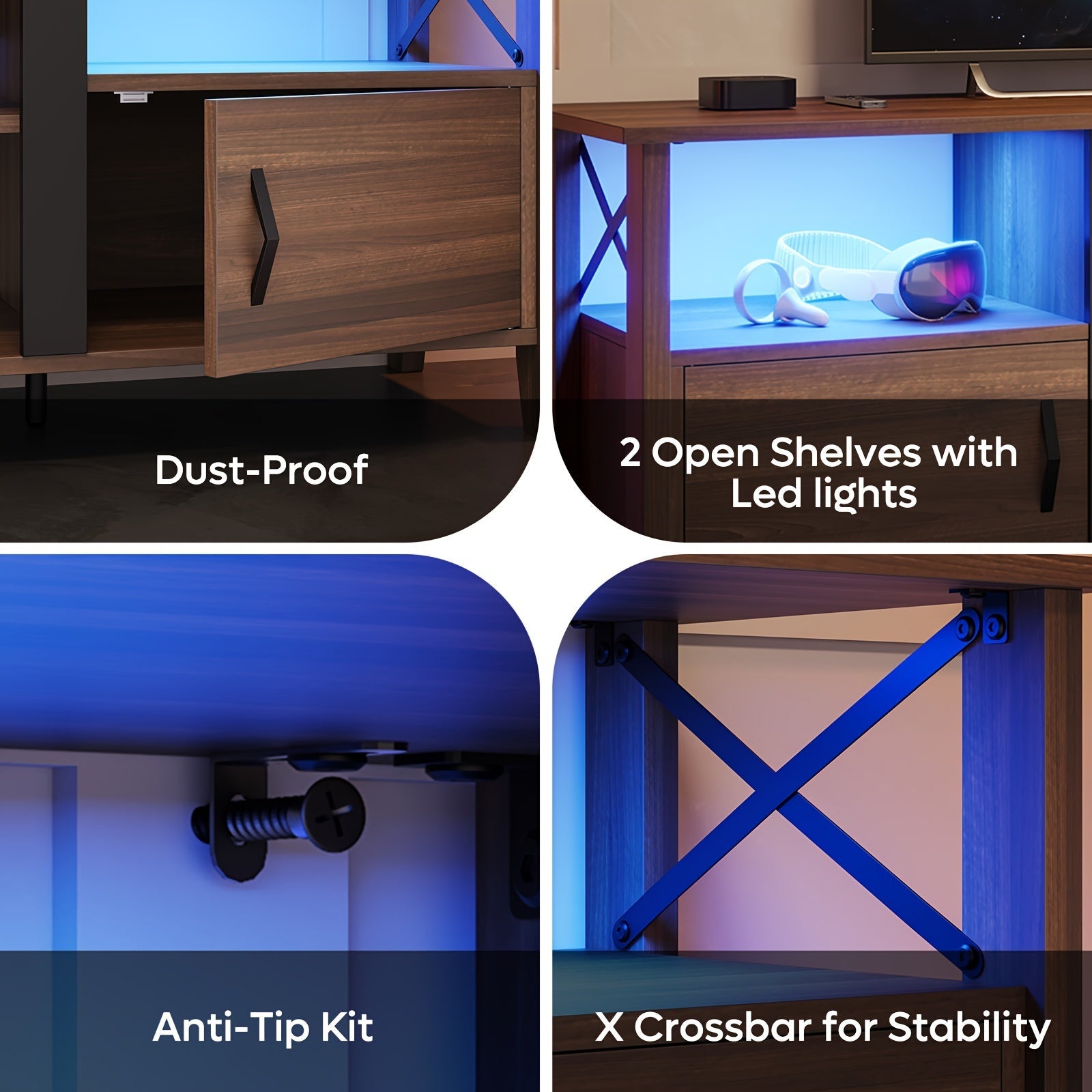 Farmhouse TV Stand For 70 Inch TV, Gaming Entertainment Center With LED Lights, 63'' Inch TV Console With 2 Storage Cabinets And Shelf For Living Room, Sturdy, Easy To Assemble - Perfect For Living Room