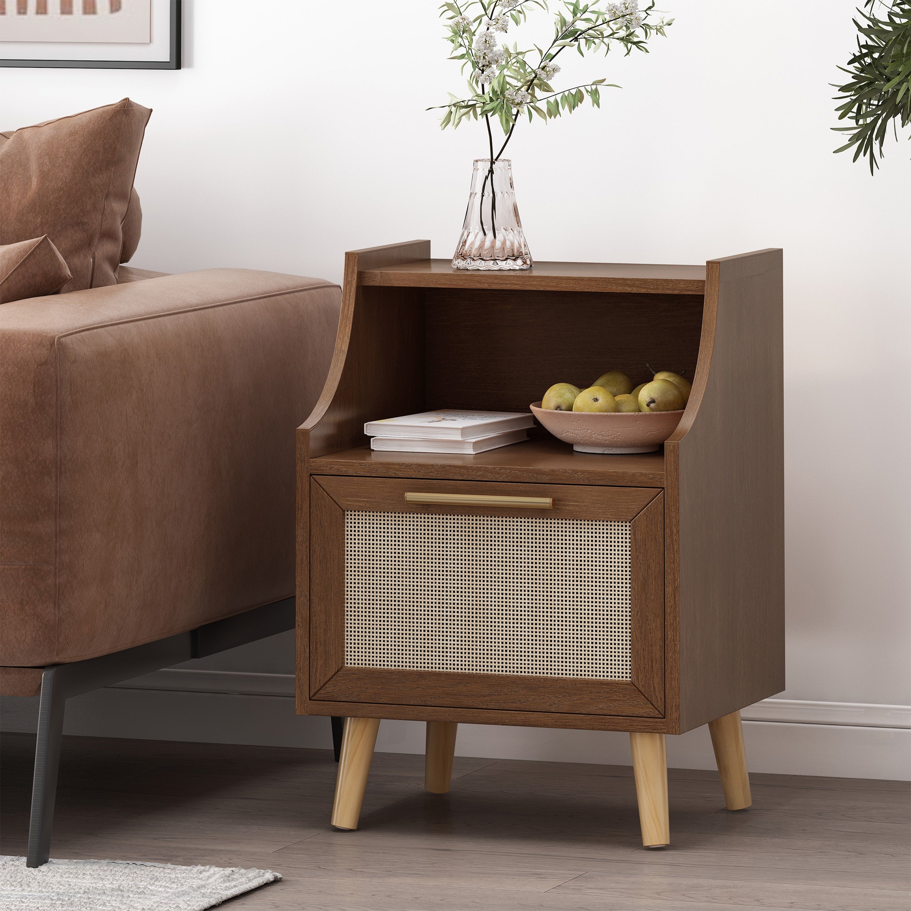 Merax Contemporary End Table With Rattan Accents And Tempered Glass - Walnut Finish, Built-in Hutch, And Antique Gold Details, Nightstand