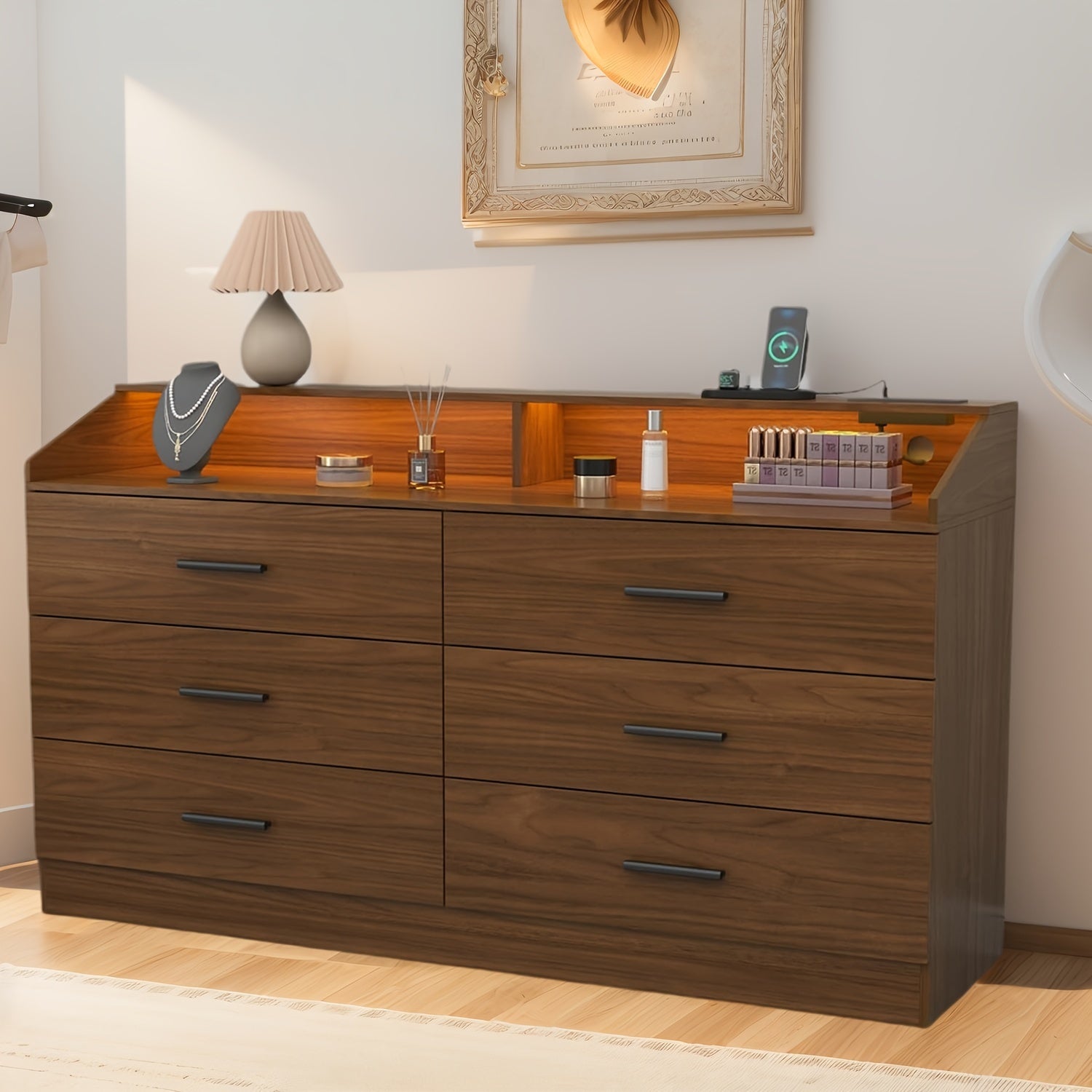 Spacious White LED-Lit Dresser with Power Outlet - 3-Drawer Nightstand & Storage Cabinet Durable MDF Construction Ample