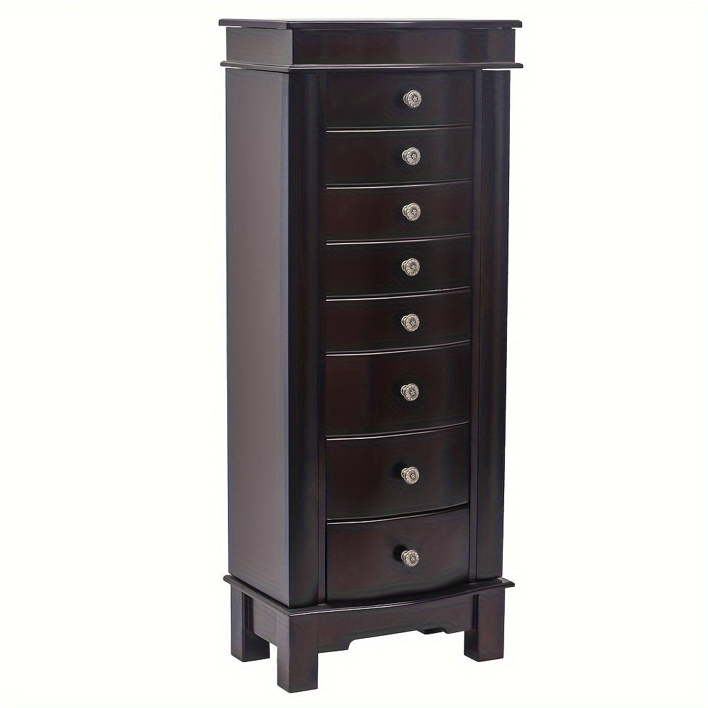 Jewelry Armoire With Mirror, 8 Drawers & 16 Necklace Hooks, 2 Side Swing Doors(Brown), Jewelry Armoires