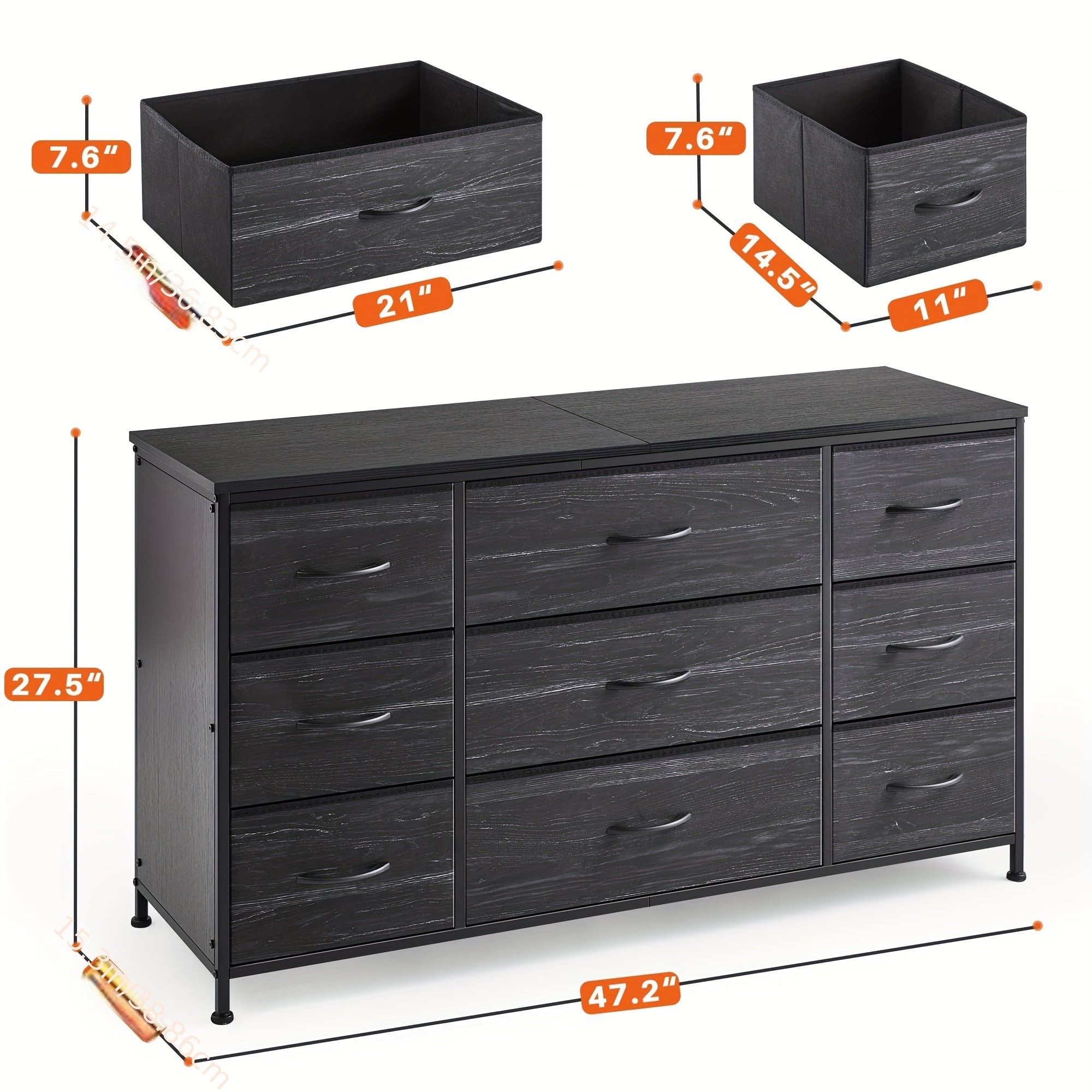 Spacious 9-Drawer Dresser TV Stand in Charcoal Black - Sleek Metal Frame & Wood Top Ideal for Bedroom or Living Room