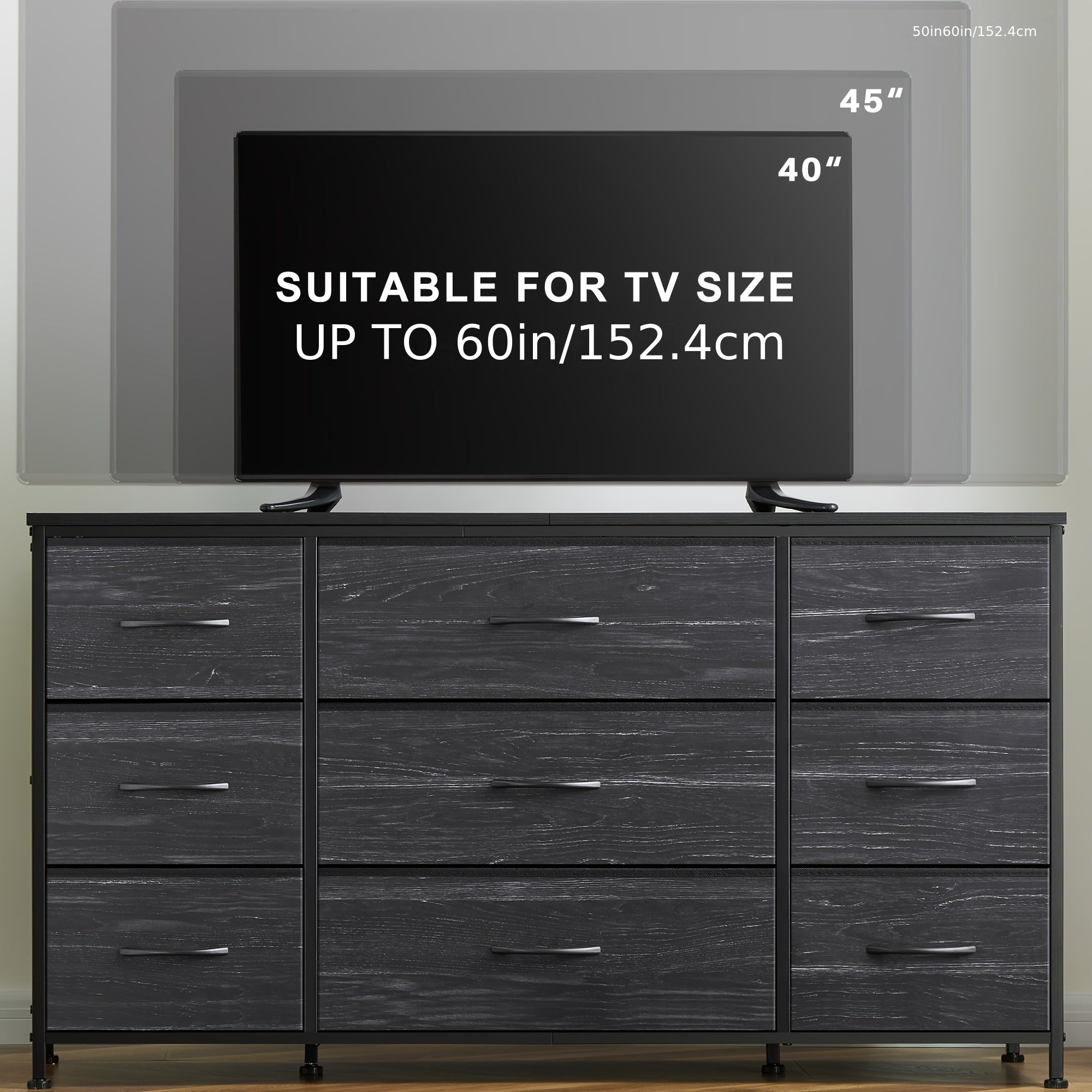 Spacious 9-Drawer Dresser TV Stand in Charcoal Black - Sleek Metal Frame & Wood Top Ideal for Bedroom or Living Room