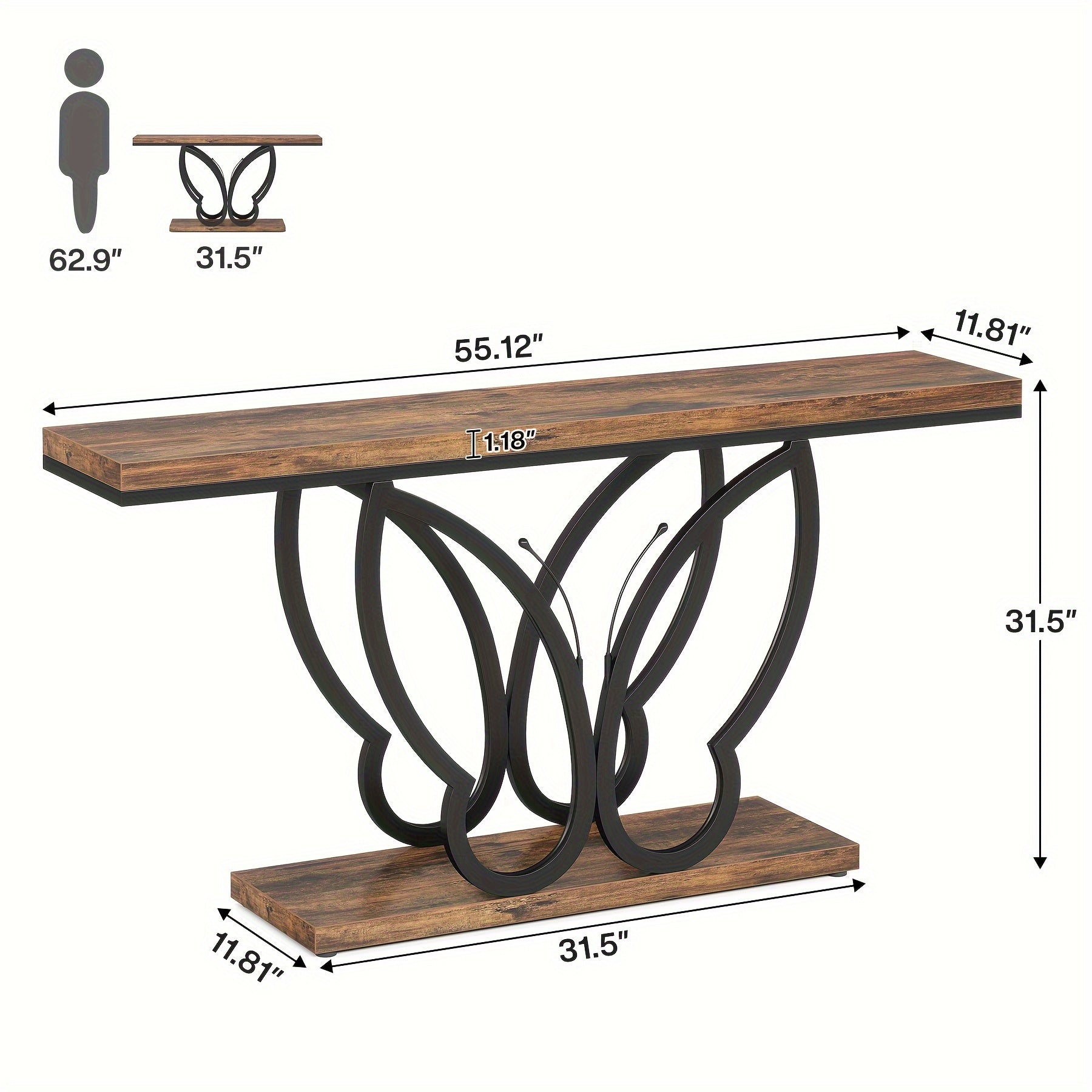 Chic 55-Inch Rustic Console Table with Butterfly Metal Frame - Farmhouse Style Wooden Sofa Table for Living Room, Hallway, Entryway - Durable & Weather-Resistant, Brown & Black