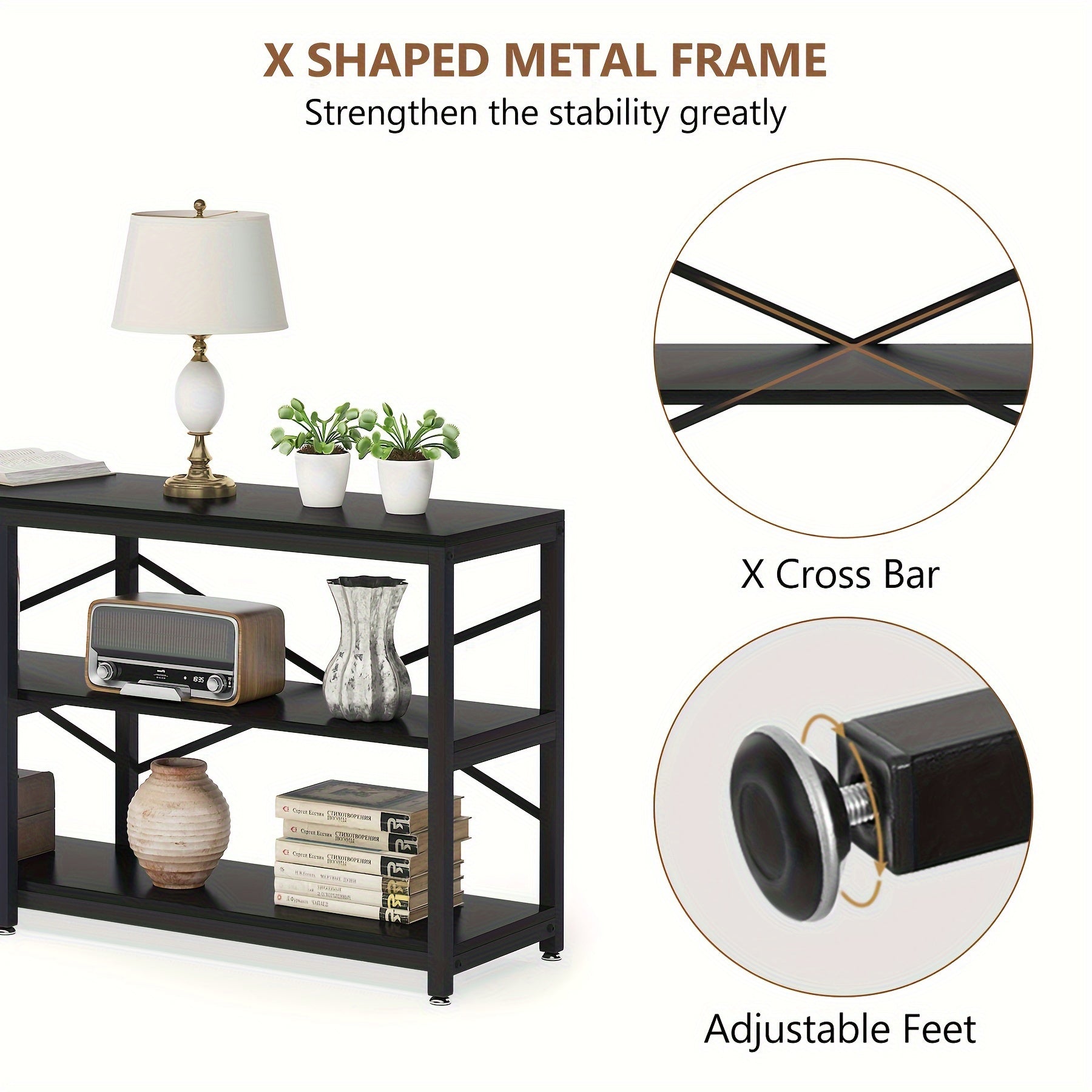 70.9 Inch Extra Long Console Table, Modern 3-Tier Sofa Table With Storage Shelves, Ideal As Industrial Hallway Entryway Table Or Bookshelf In Living Room, With Functional Behind Couch Design