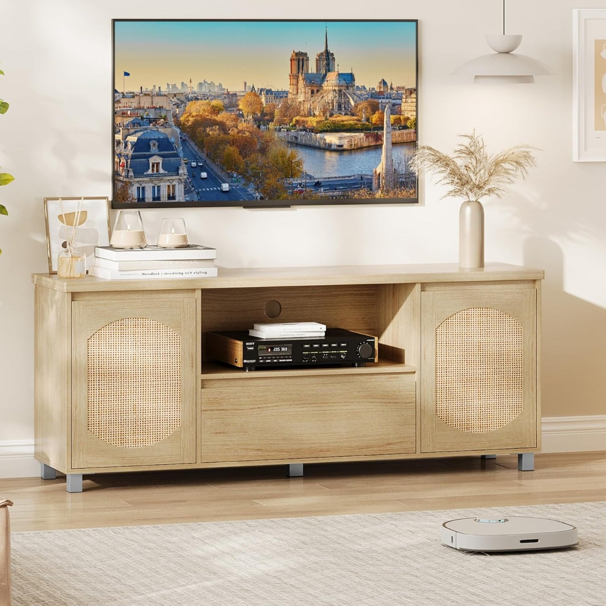 Rattan TV Stand for 65 Inch TV, Entertainment Center with Storage Drawer and Open Shelf, Boho TV Media Console Cabinet Furniture for Living Room, Bedroom, Natural Oak