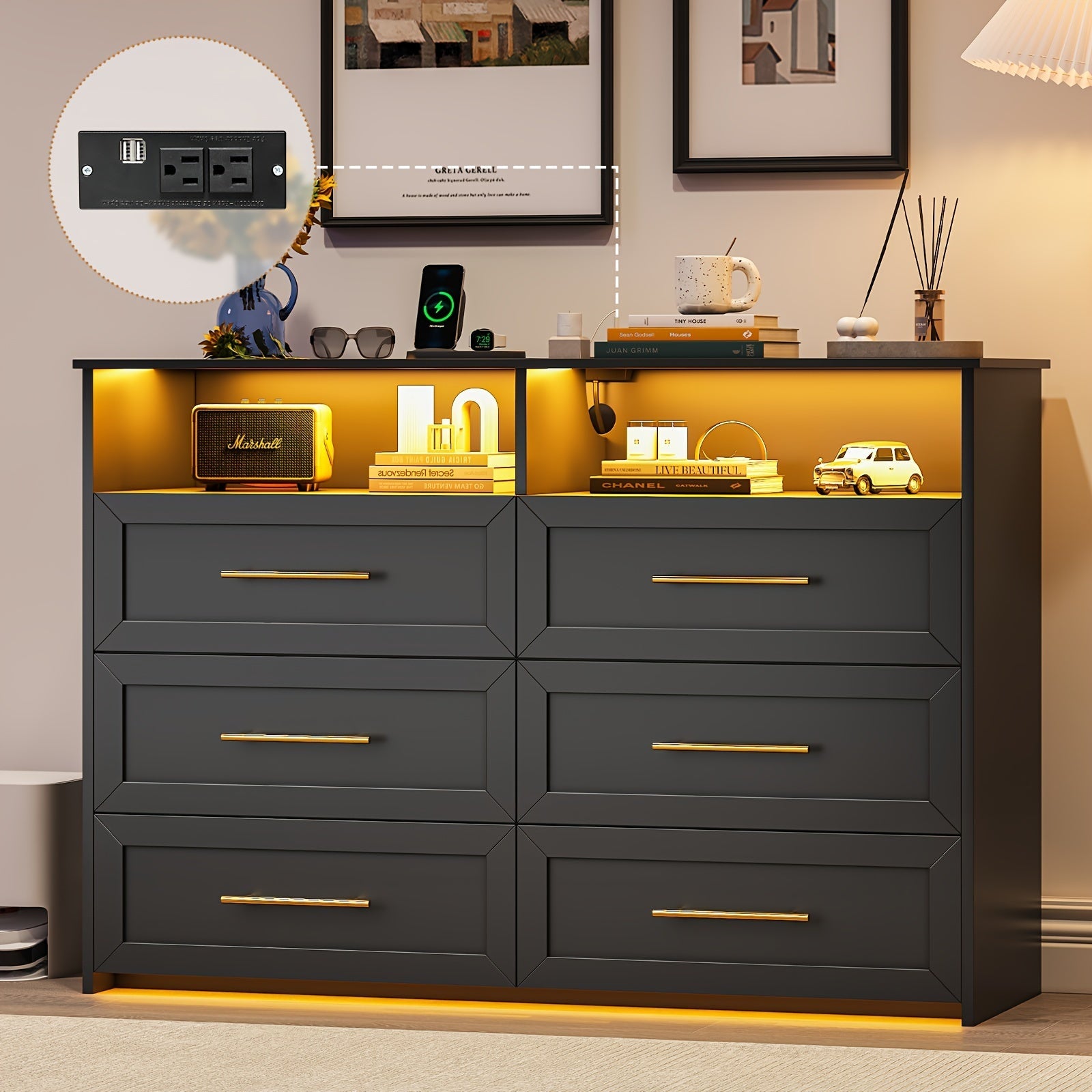 6 Drawer Wide Dresser for Bedroom, Modern Dresser with Led Light (Black)