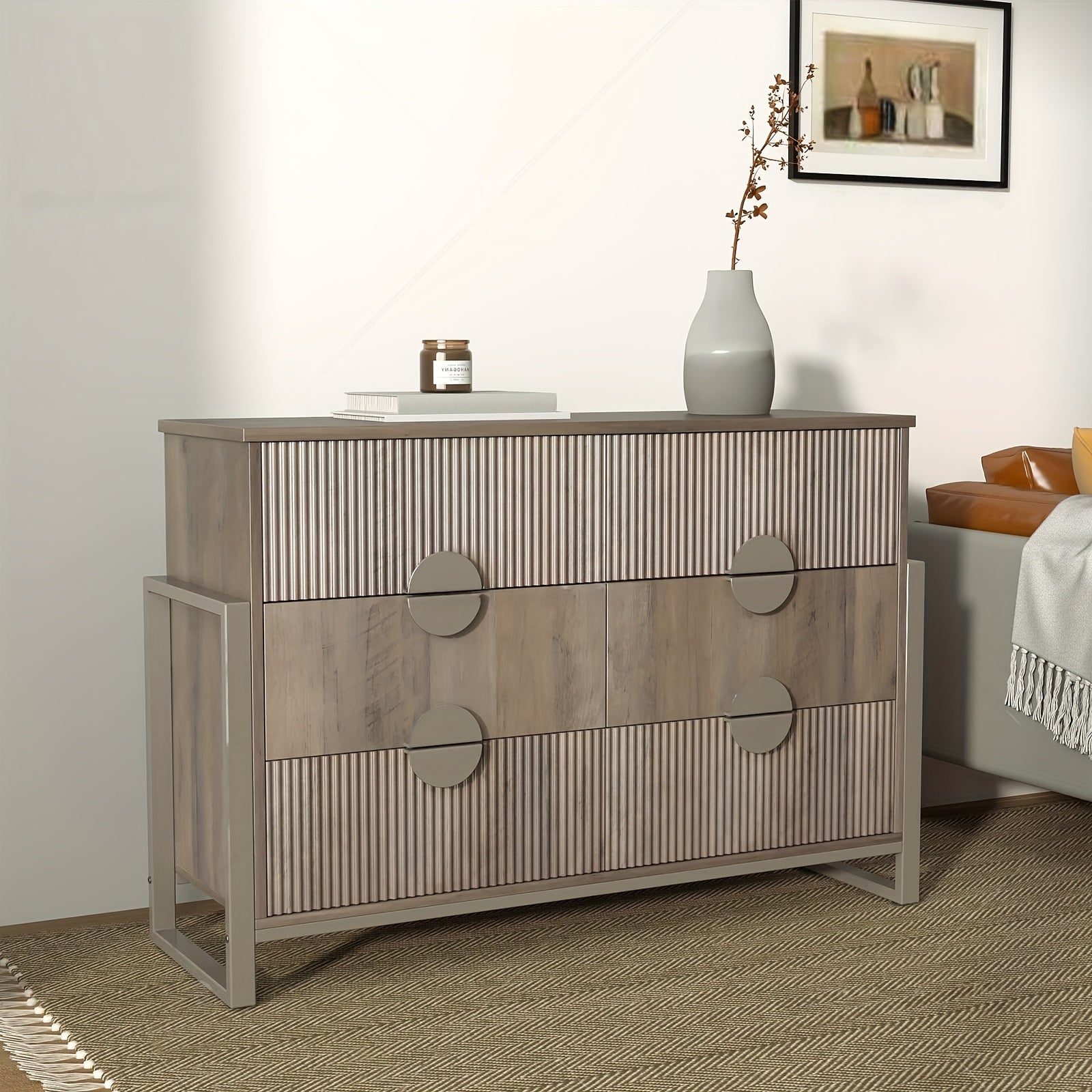 Dresser For Bedroom Wide Chest Of Drawers With Metal Frame Storage Organizer Unit With Fluted Panel 6 Drawer Dresser