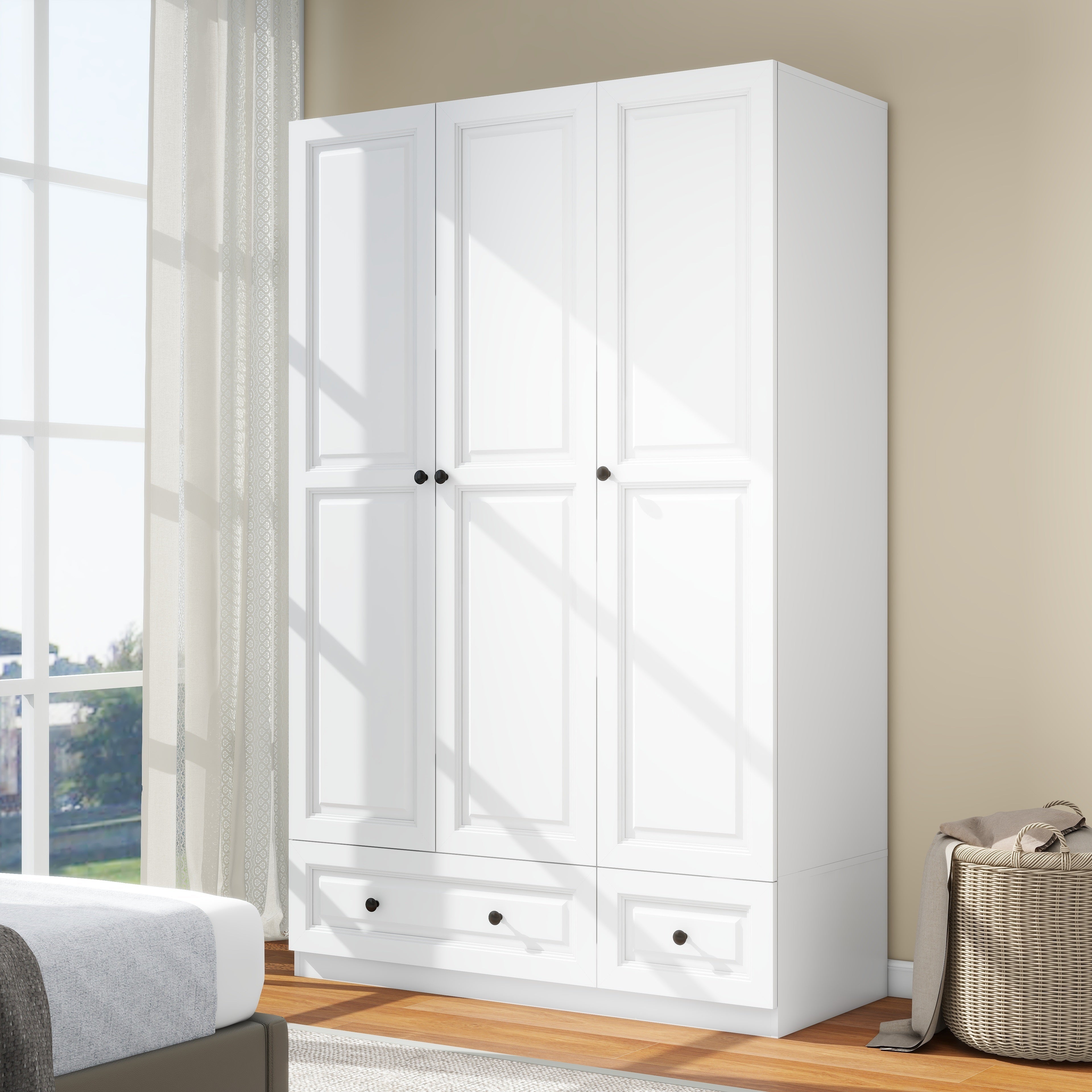 White Wardrobe Closet With 3 Doors, Bedroom Armoire Wardrobe Closet With 3 Drawers, Wooden Wardrobe Closet For Hanging Clothes, Wood Cabinet For Clothes And Shelves