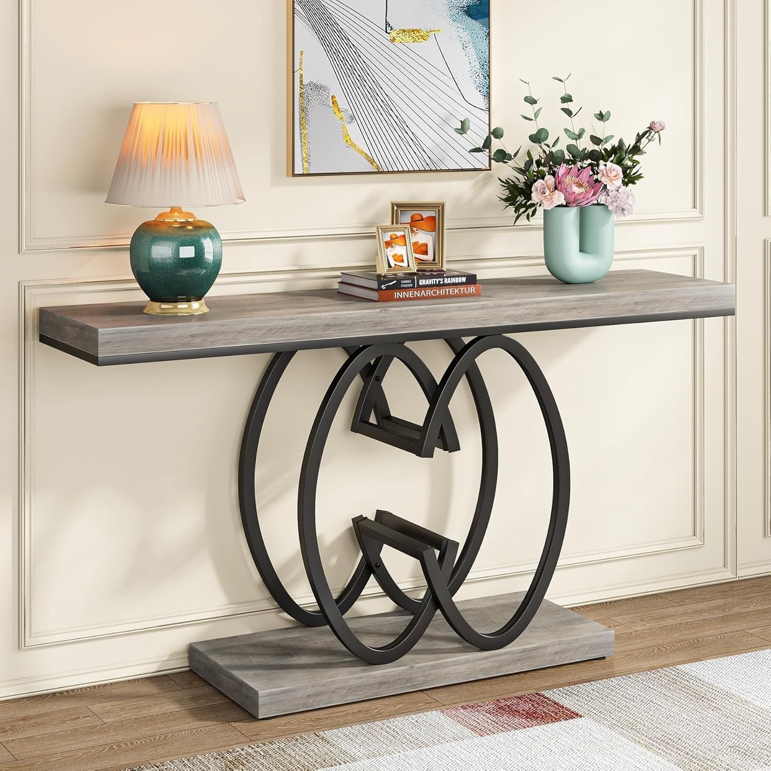 55 Inch Console Table for Hallway, Faux Marble Golden Entryway Table with Geometric Metal Base, Modern Narrow Sofa Accent Table for Entrance, Living Room, Foyer (Gray)