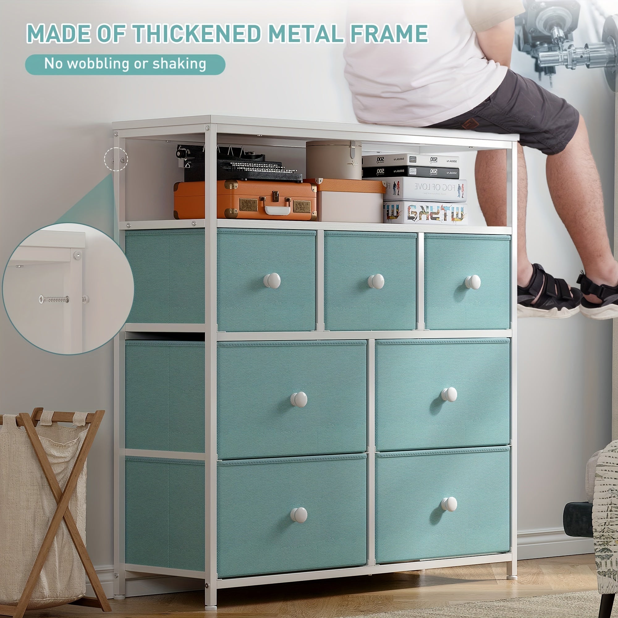 Dresser For Bedroom With 7 Drawers And 2 Shelves TV Stand Dresser With Wooden Top And Metal Frame Tall Dressers & Chest