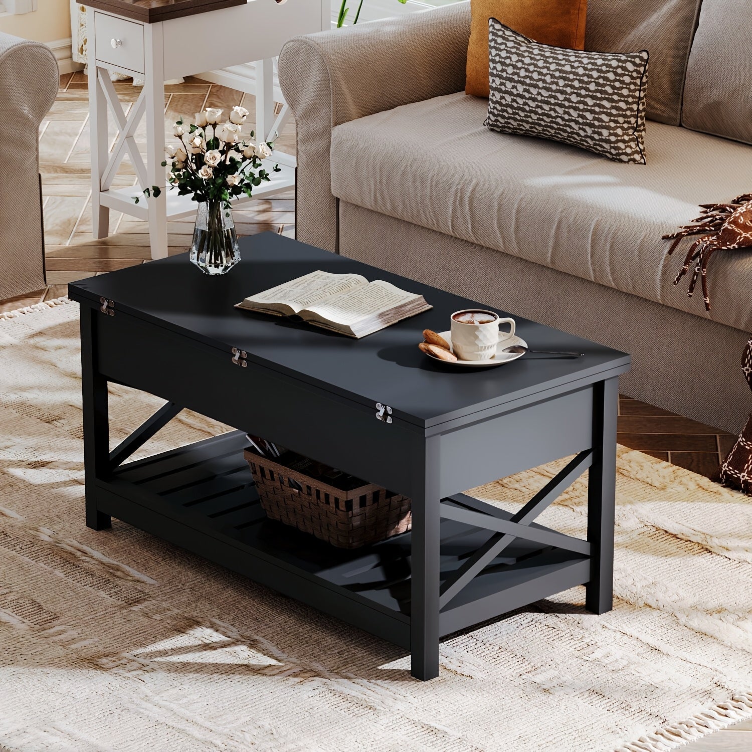 Versatile Farmhouse Coffee Table with Lift Top - Convertible to Dining, Storage & Hidden Compartment, Durable Wood Construction