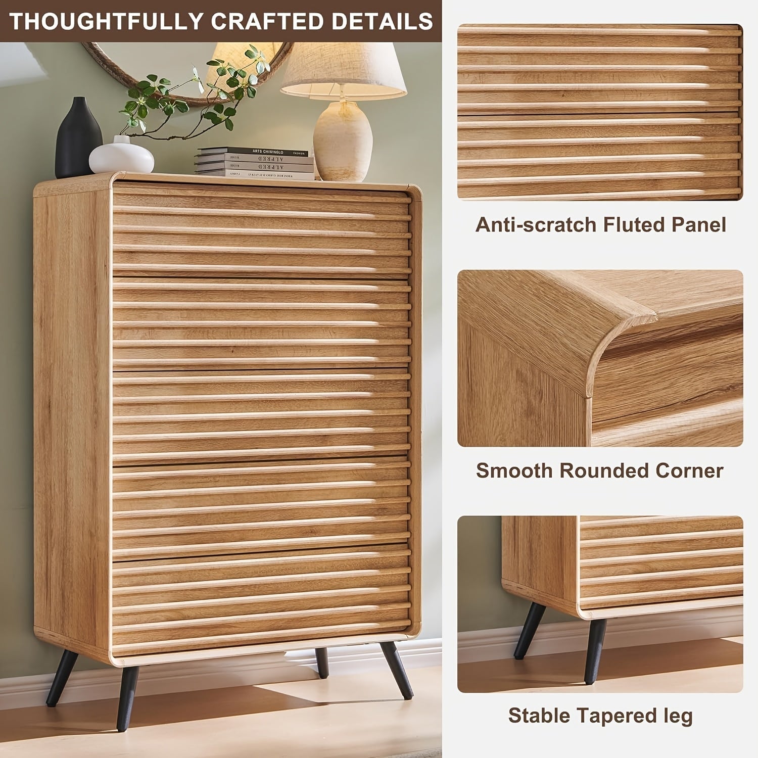 5 Drawers Dresser For Bedroom 122cm Tall Mid Century Modern Wood Fluted Dresser Chest Of Drawers With Tapered Leg