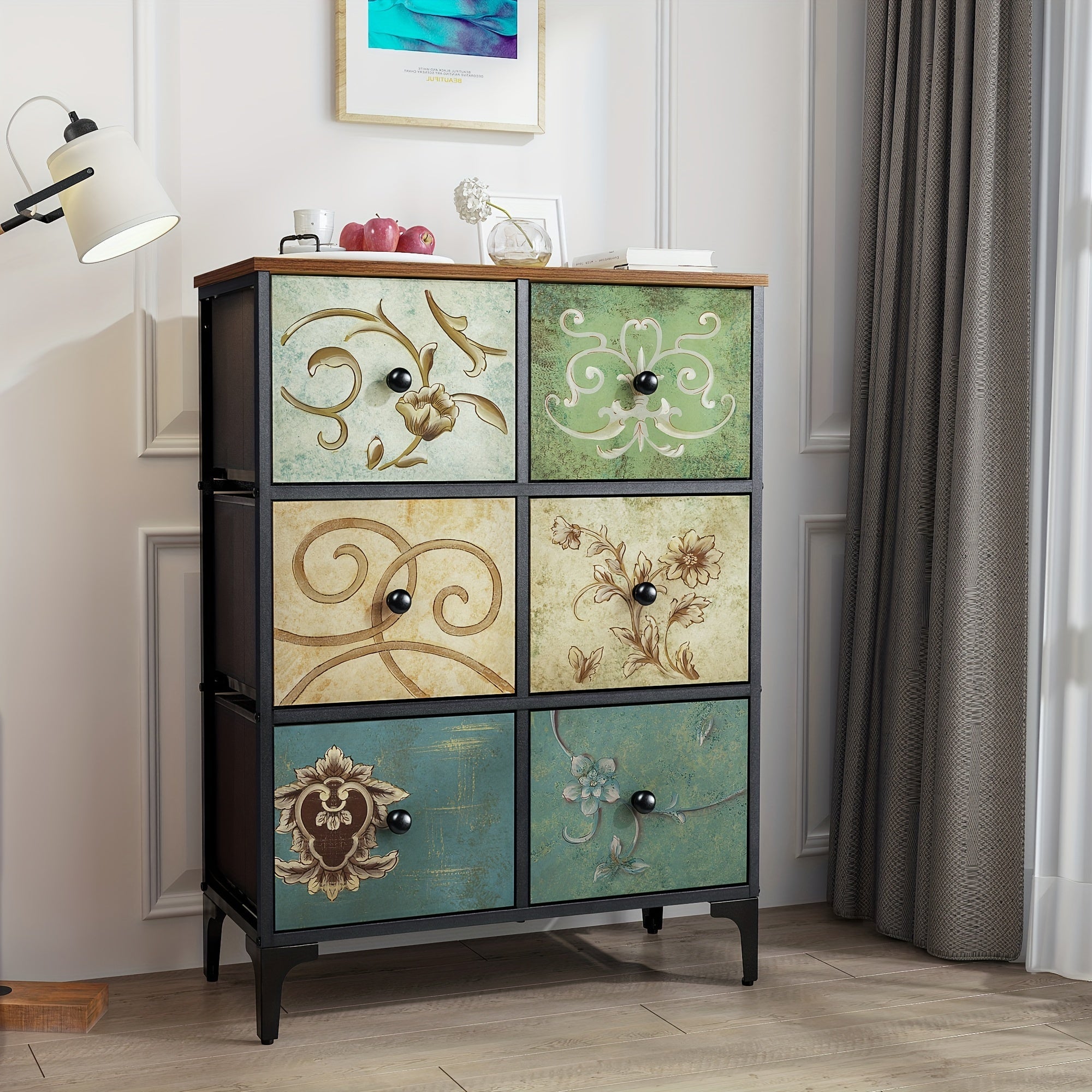 Dresser with 6 Drawers Tall Storage Dresser for Bedroom Modern Chest of Drawers for Closet Living Room Nursery Wood Top