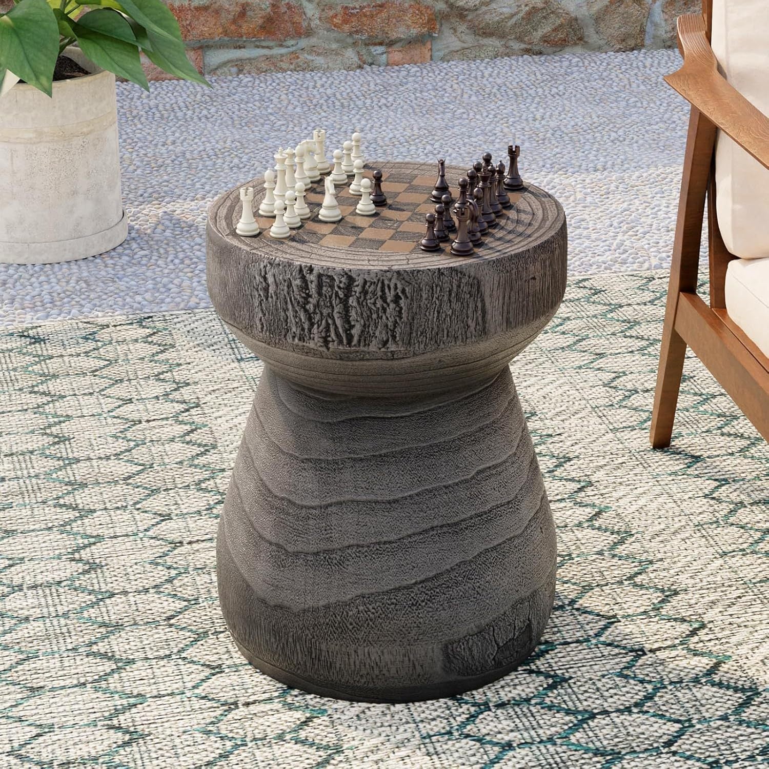 14-inch Round Concrete Side Table with Checkerboard Design - Sturdy, Waterproof Outdoor Accent Table with Wide Top for Living Room, Bedroom, or Garden - Versatile Decorative End Table with Natural Aesthetic