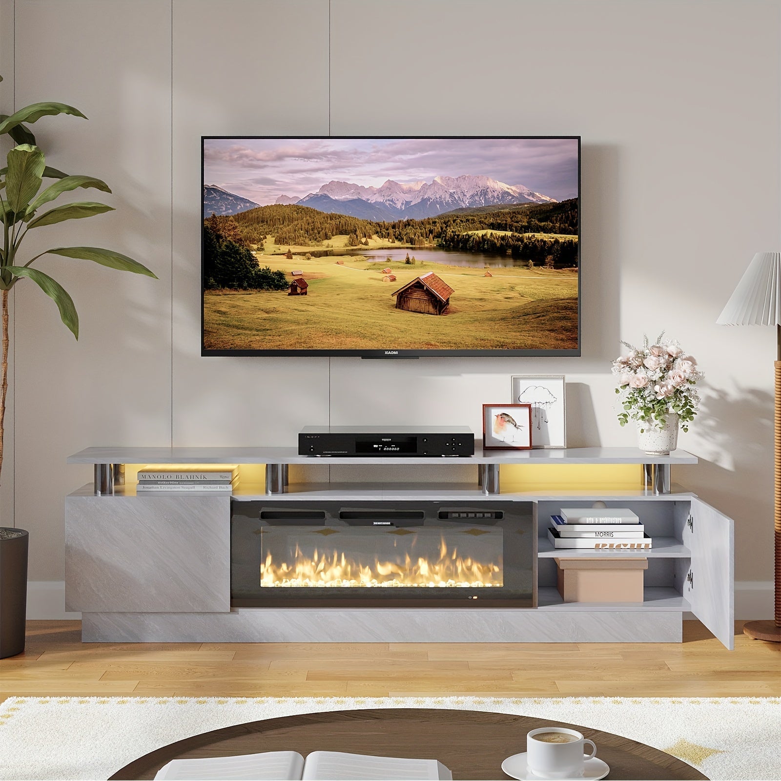 Fireplace TV Stand With 91cm Fireplace Modern High Gloss Fireplace Entertainment Center LED Lights TV Console Cabinet