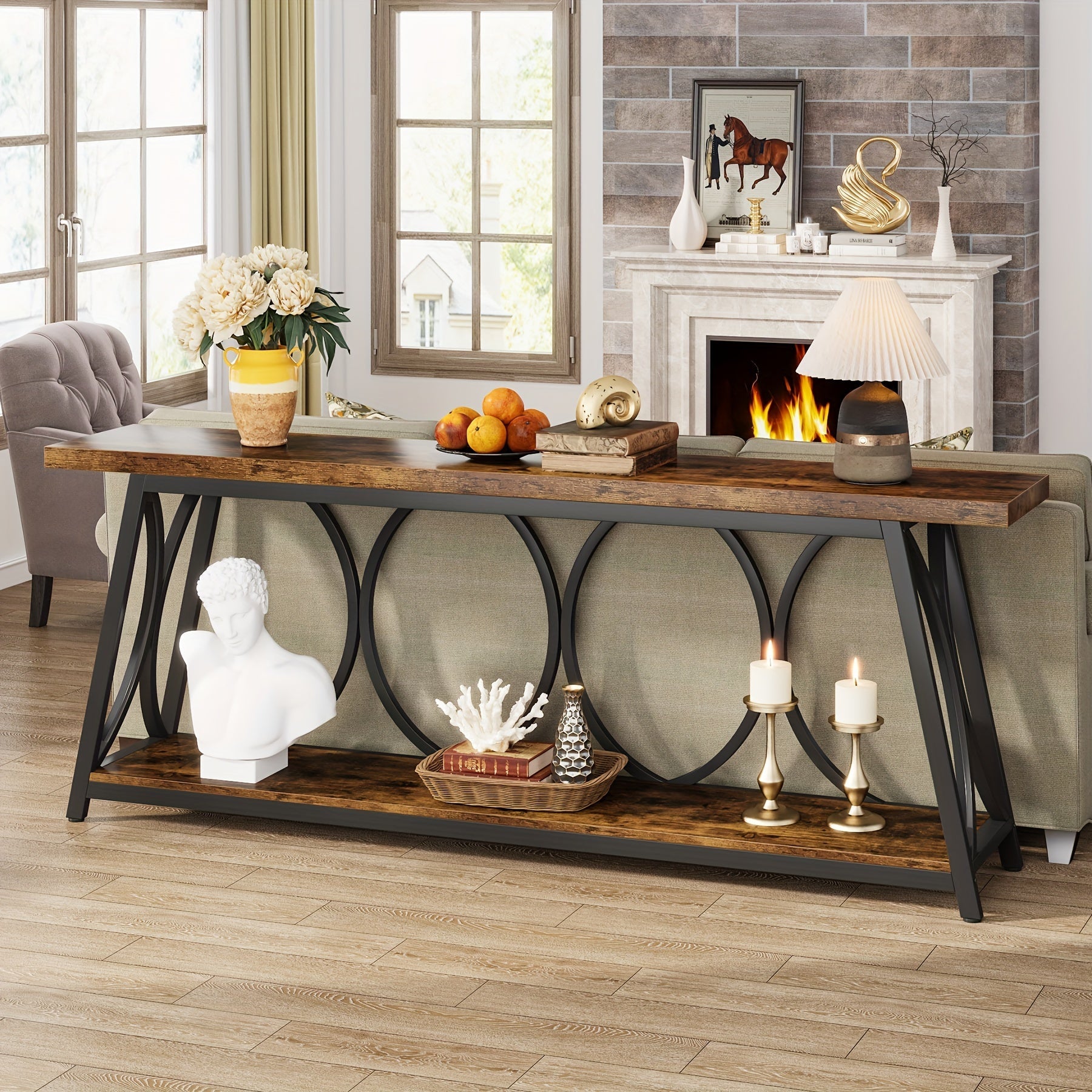 70.9-Inch Extra Long Console Table: Industrial Sofa Table With 2-Tier Storage Shelf For Behind Couch Narrow Entryway