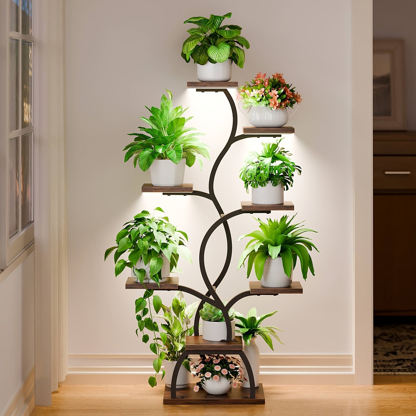 Plant Stand Indoor with Grow Light - 8 Tiered Plant Shelf Indoor, Corner Plant Stand, Metal Corner Shelves, 45" Tall Plant Shelf with Grow Light, Multi Functional Display Stand with Thickened Wooden Boards, Small Plant Stand