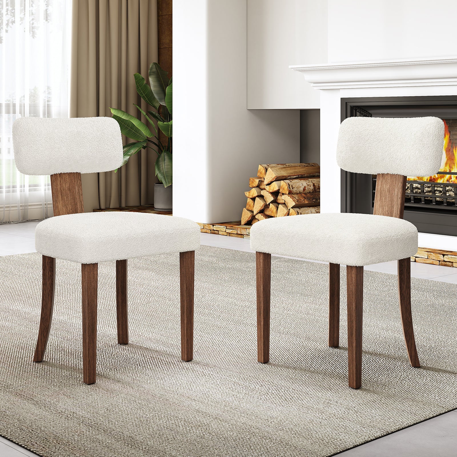 Modern Linen Dining Kitchen Chairs with Upholstered Curved Backrest & Seat, Chairs for Dining Table, Hardwood Frame