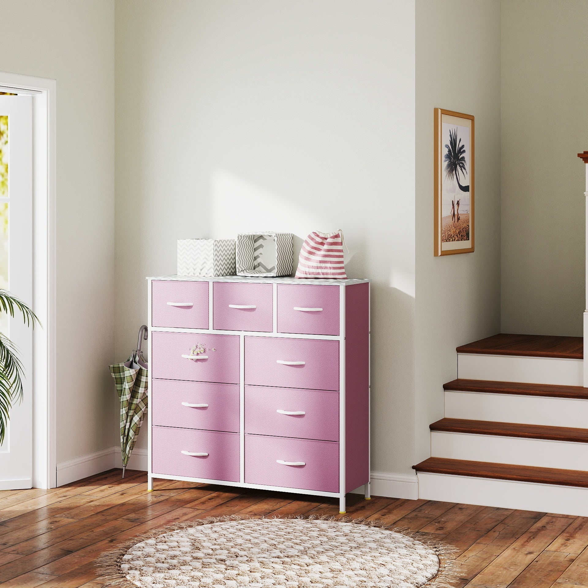 1pc Boho Style Pink Fabric Dresser with 9 Drawers - Sturdy Steel Frame, Hardwood Top, Easy Pull Bins - Independent Storage Cabinet for Bedroom, Living Room, Closet - ≥3.2 Cubic Feet Capacity