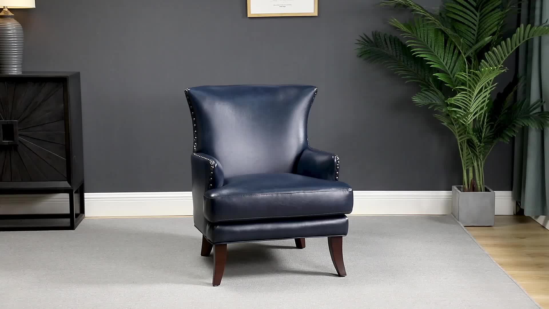 Faux Leather Accent Chair with Arms for Living Room, Modern Leather Single Sofa Armchair with Nailhead Trim, Vegan Leather Wingback Accent Chair Lounge Sofa Chair, Navy