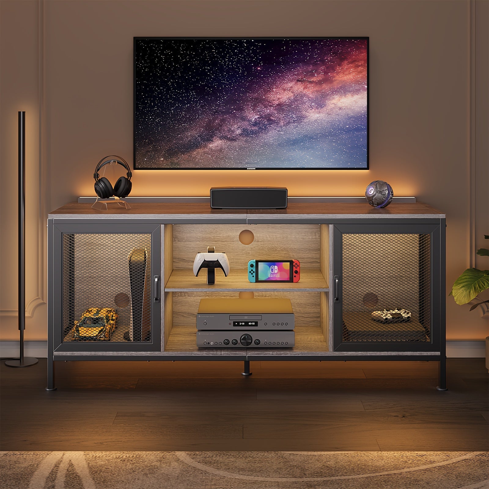 TV Stand For TV Up To 65 Inch With Storage, 3-Tier Wooden TV Console Table With Doors And Shelf, Modern Gaming Entertainment Center For Living Room Game Room Or Home Office