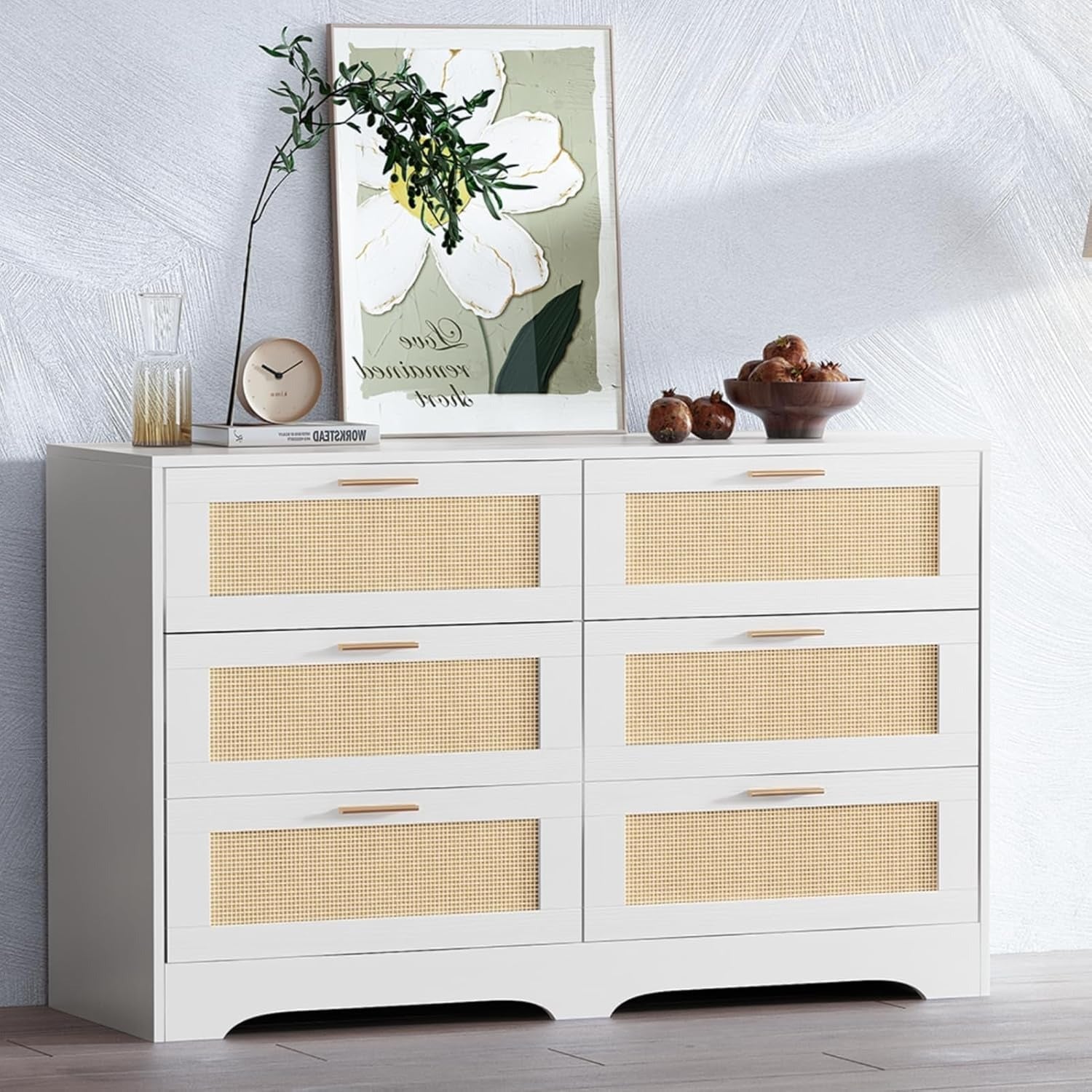 Natural Rattan Dresser for Bedroom, 6 Drawer Rattan Dresser with Gold Handles 30" Tall Double Dresser 40" Wide Wood Storage Closet Dressers Chest of Drawers for Bedroom, Living Room, Hallway