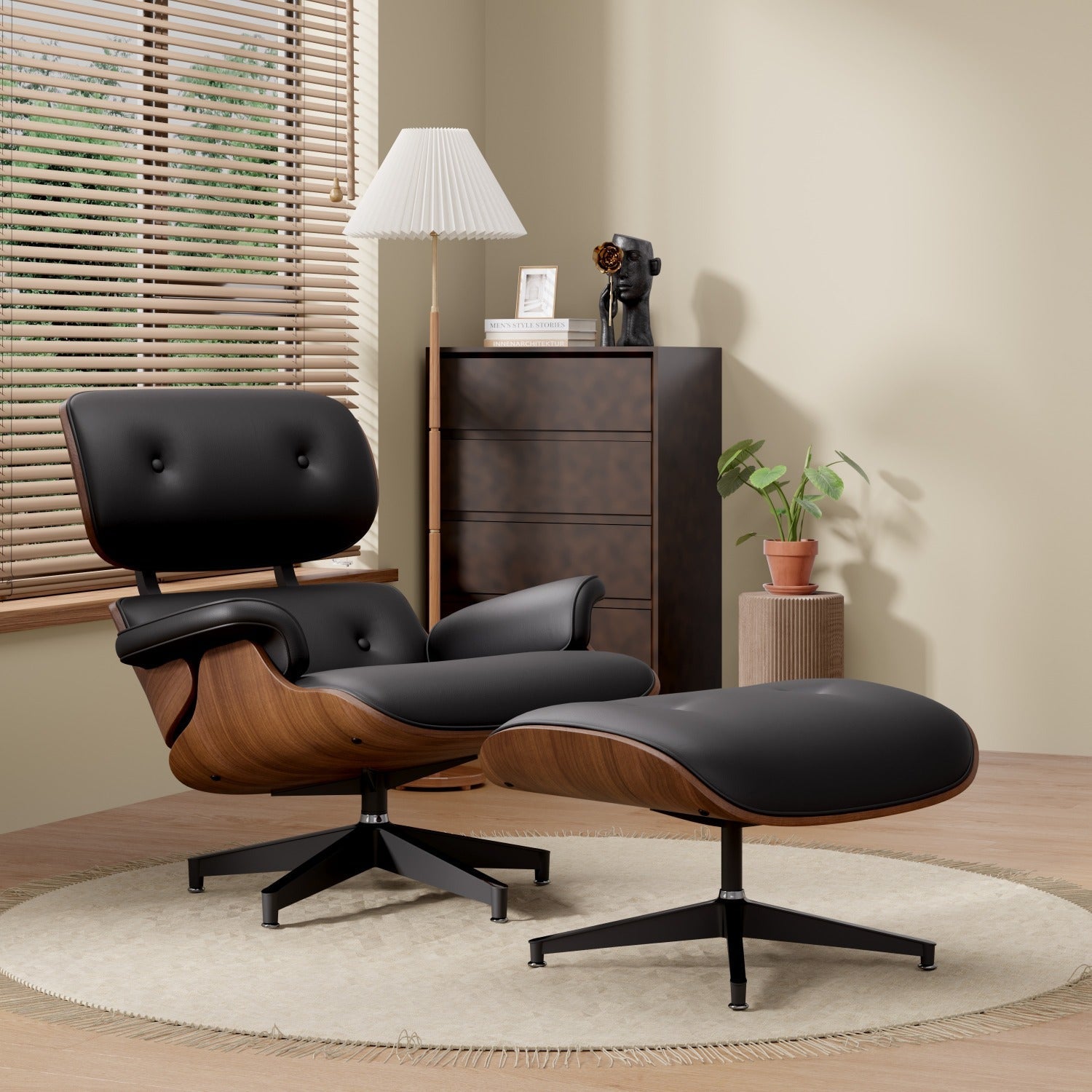 Mid-Century Modern Lounge Chair with Wide Armrest and Ottoman - Premium PU Leather, Ergonomic Design, 360° Swivel, Heavy Duty Base Support for Living Room, Office, or Study - Elegance and Comfort