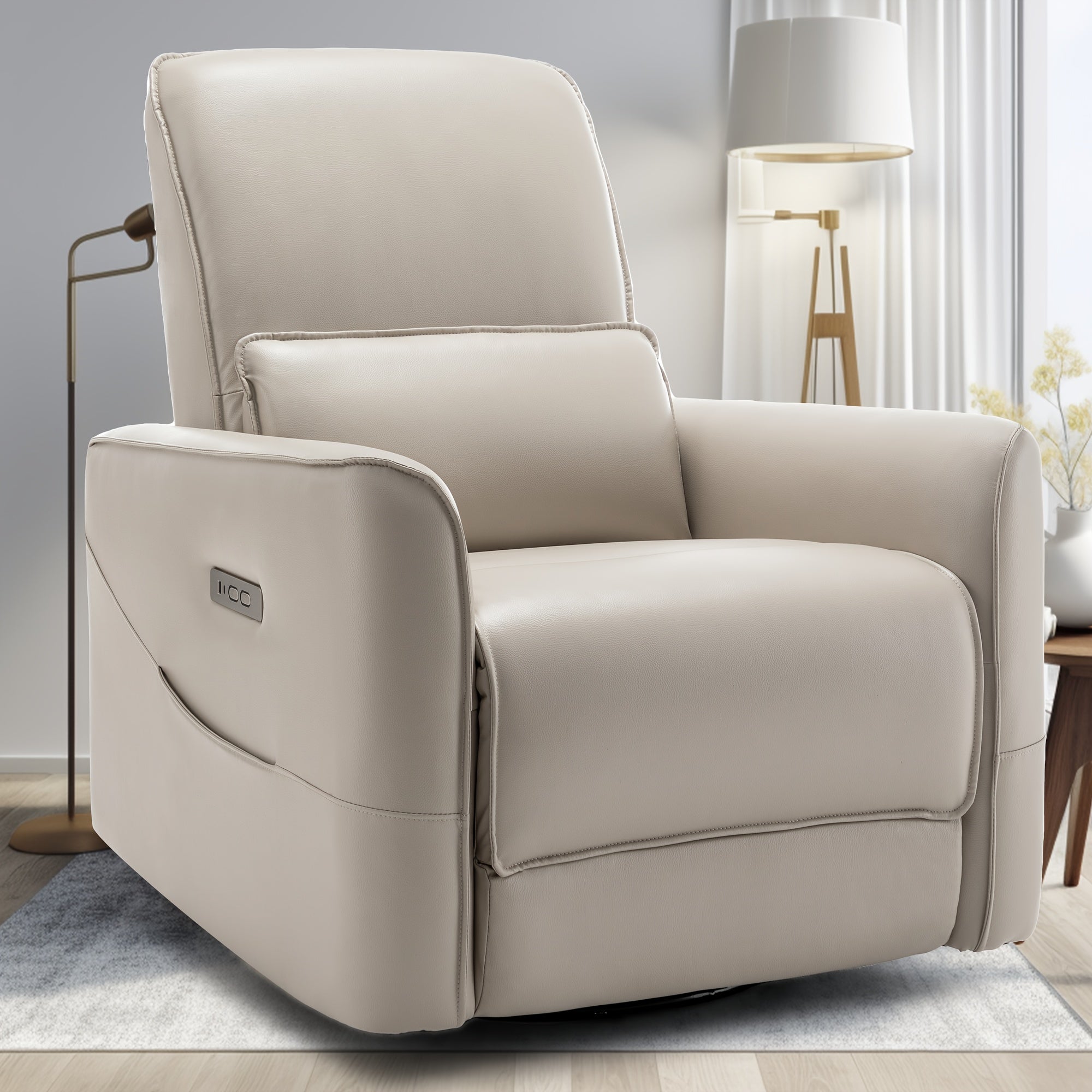 Luxurious Light Grey Electric Recliner Chair with Low Back Support, Power Swivel Action, USB Ports, and Streamlined Side Pockets - Ergonomic Design for Comfortable Living in Bedroom or Living Room, Chair for Living Room