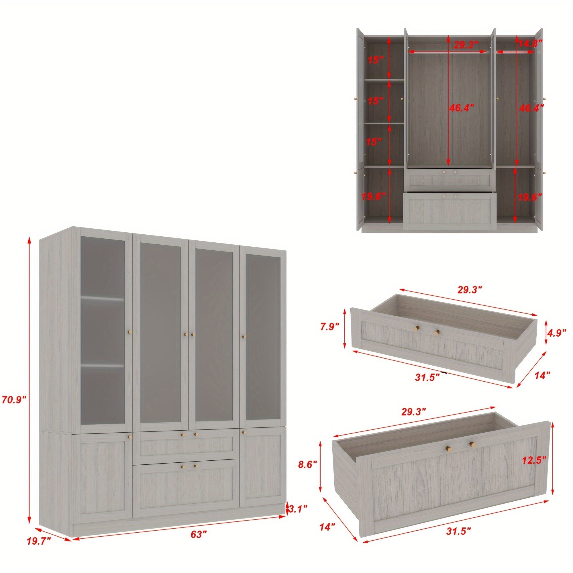 Wardrobe Closet With 4 Frosted Glass Doors, Hanging Bars, Shelves & Drawers, Wooden Closet Storage Cabinet For Bedroom, Large Storage Space, Stylish Design, White