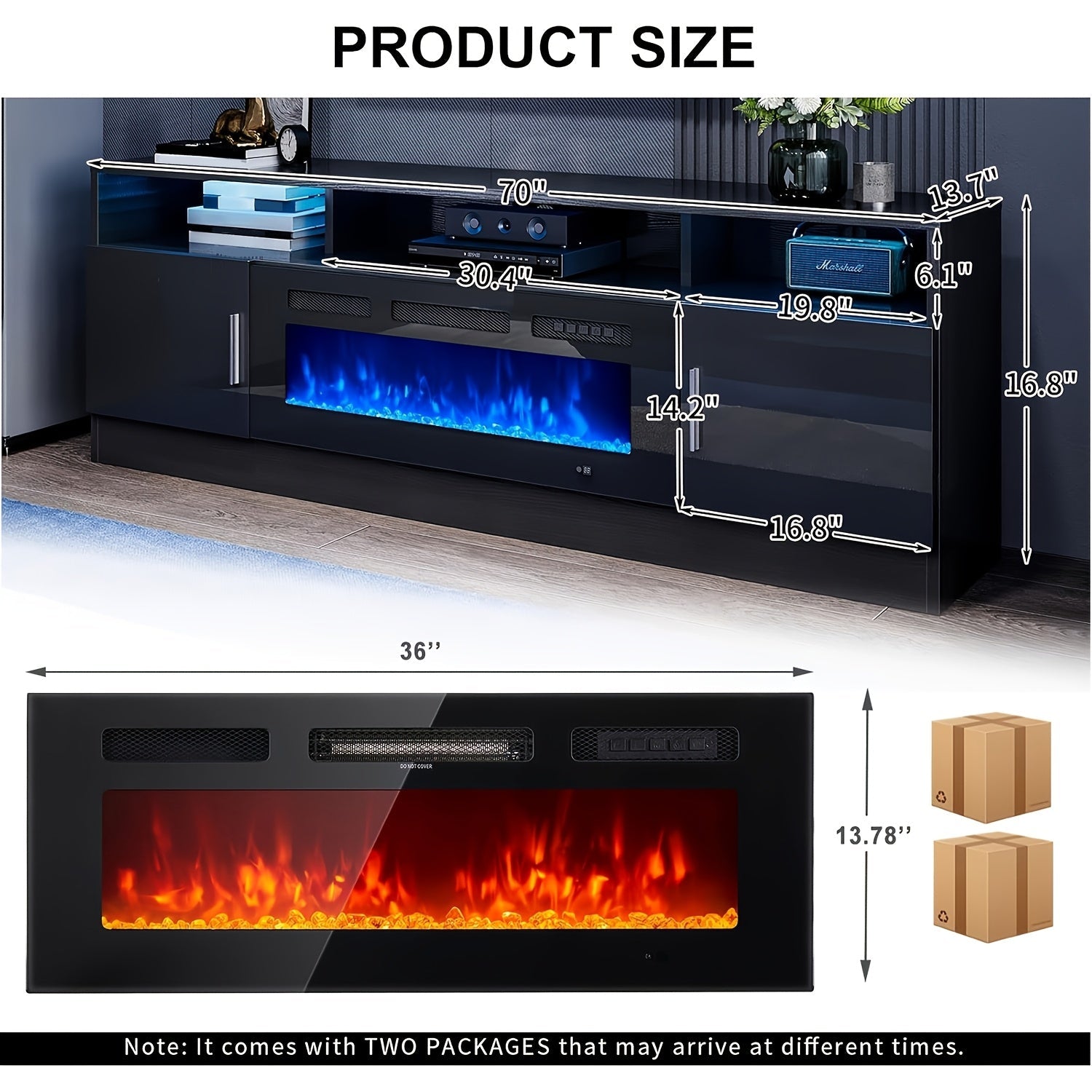 Fireplace TV Stand With 36" Electric Fireplace, 70" Fireplace Entertainment Center LED Lights, 2 Tier TV Console For TVs Up To 80", Black